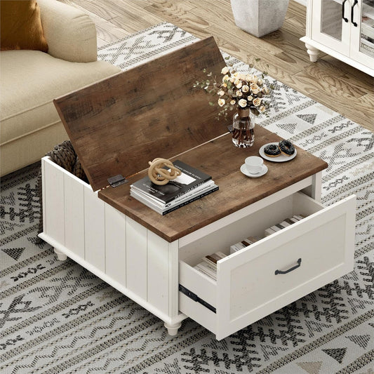 WAMPAT Farmhouse Lift Top Coffee Table with Storage Cabinet, Square Coffee Table with Large Drawer, Wooden Center Table for Living Room, Home, Office, Off White