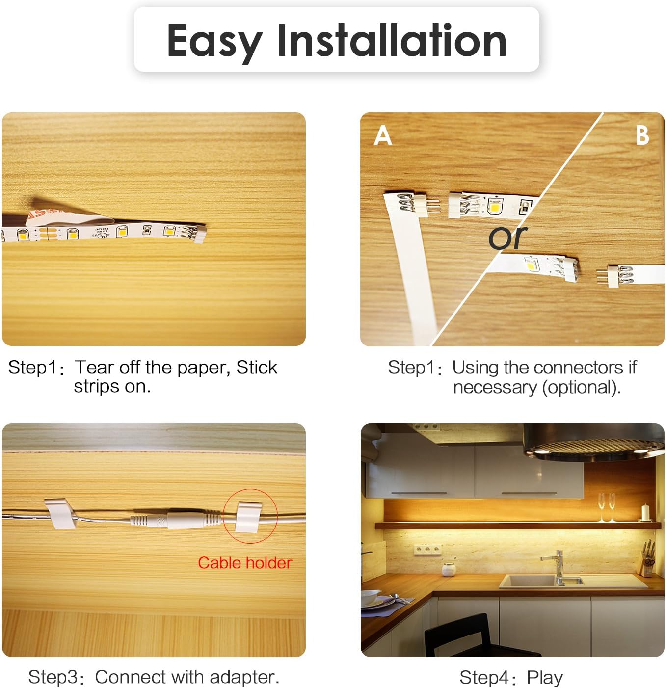 WOBANE Under Cabinet LED Lighting Kit, 6 PCS Dimmable LED Strip Lights with Remote Control Dimmer, 24W Adapter, Hidden 2700K Warm White Set, Bright 1500lm, Timing, Kitchen, Counter, Shelf, Showcase