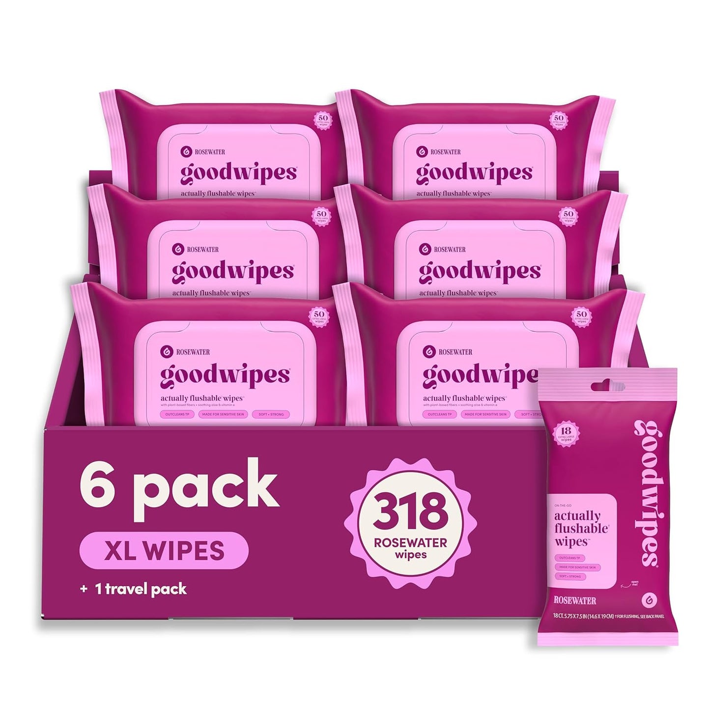 goodwipes Flushable Wipes for Adults - Rosewater Butt Wipes for Women & Men, Septic Safe, Toilet & Bathroom Essentials, Extra Large, 318 Count (6 Packs and 1 Travel Pack)