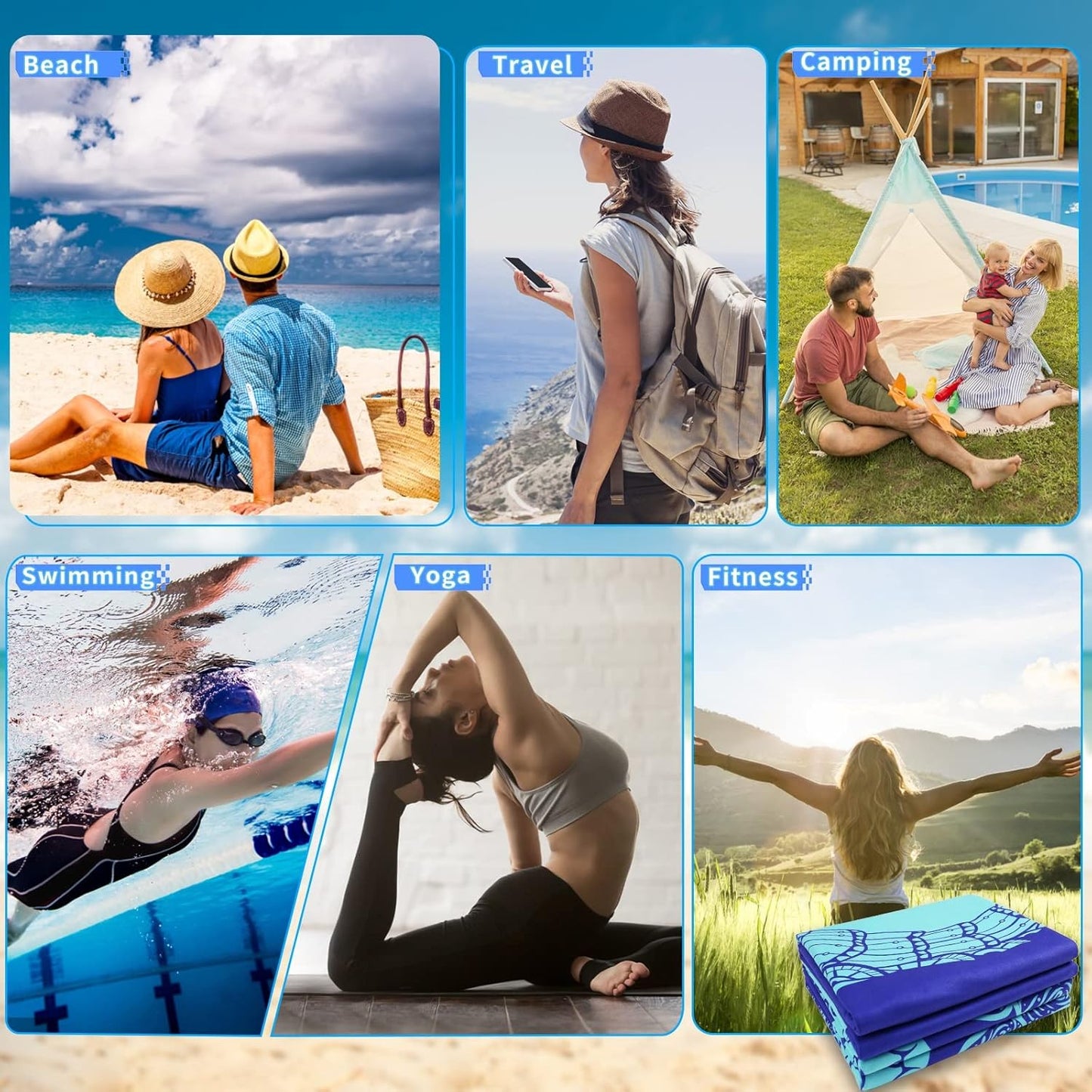 6 Pack Microfiber Oversized Lightweight Beach Towel 71x32 Extra Thin Large Sand Free Towels Travel Swim Pool Yoga Gym for Adults Women Men Beach Essentials Accessories Vacation Gift