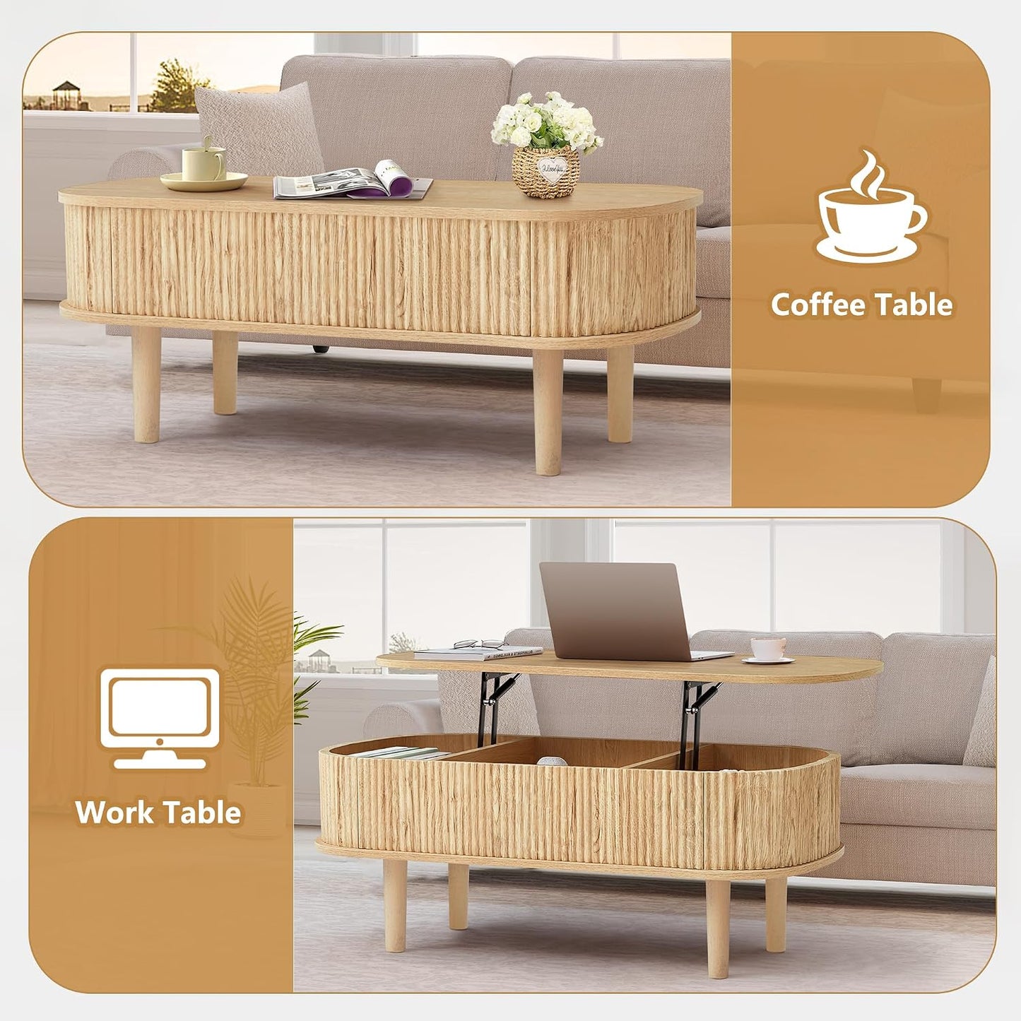 Fully Assembled Fluted Lift Top Coffee Table with Hidden Compartment, Wooden Center Table, Modern Oval Lift Tabletop for Home Living Room Office, Natural