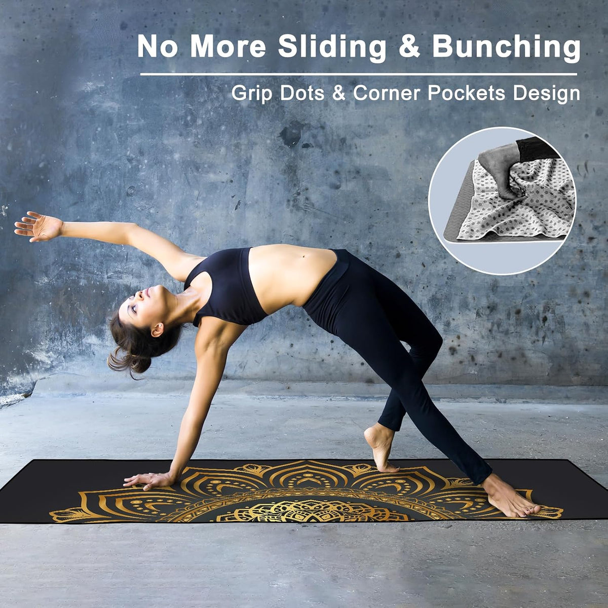 Hot Yoga Towel with Grip Dots, Non Slip, 74"x26", Gold Mandala