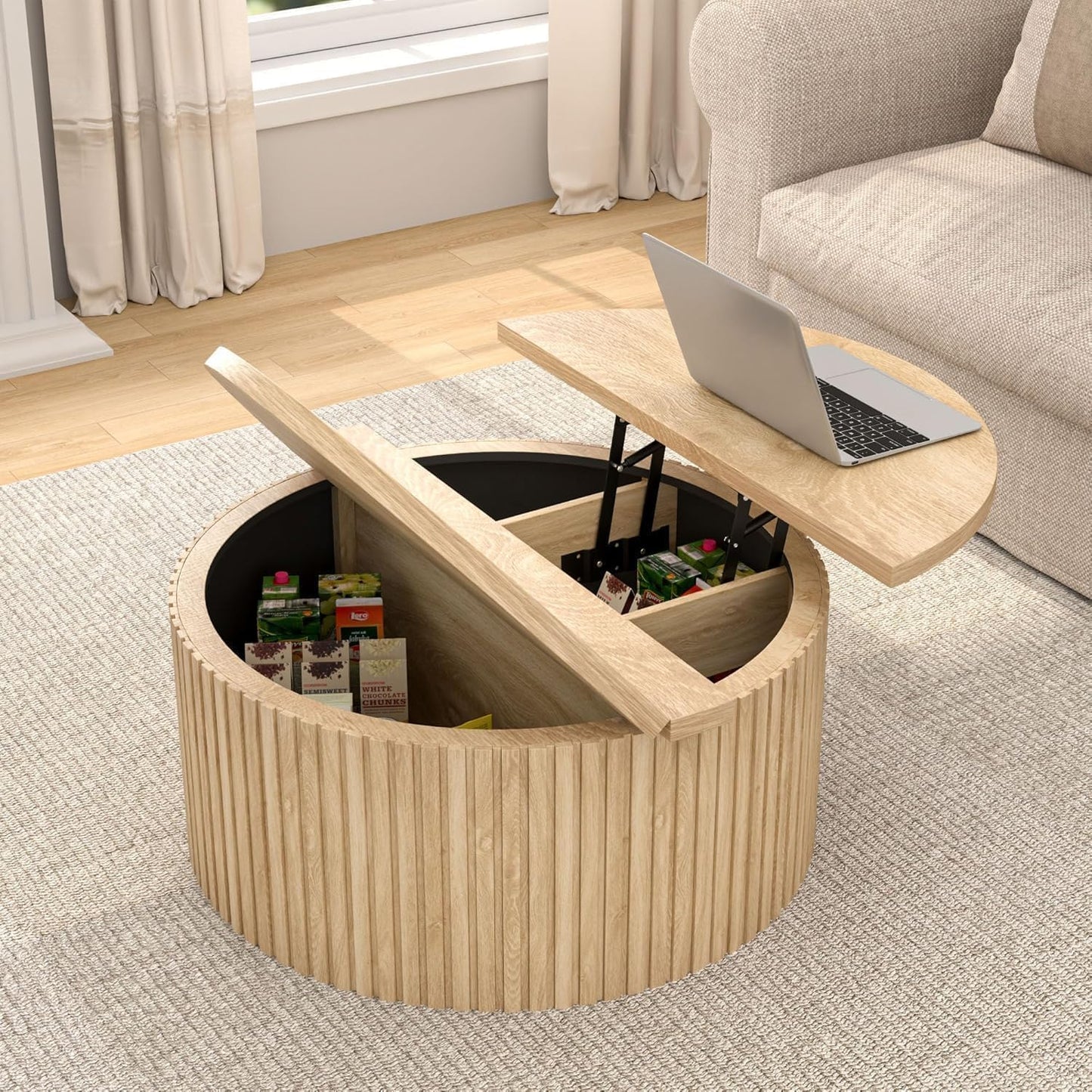 Fsbecl 34'' Round Fluted Lift Top Coffee Table with Hidden Storage, Oak | Wooden Center Table, Lift Top Coffee Table for Living Room, Home Decor