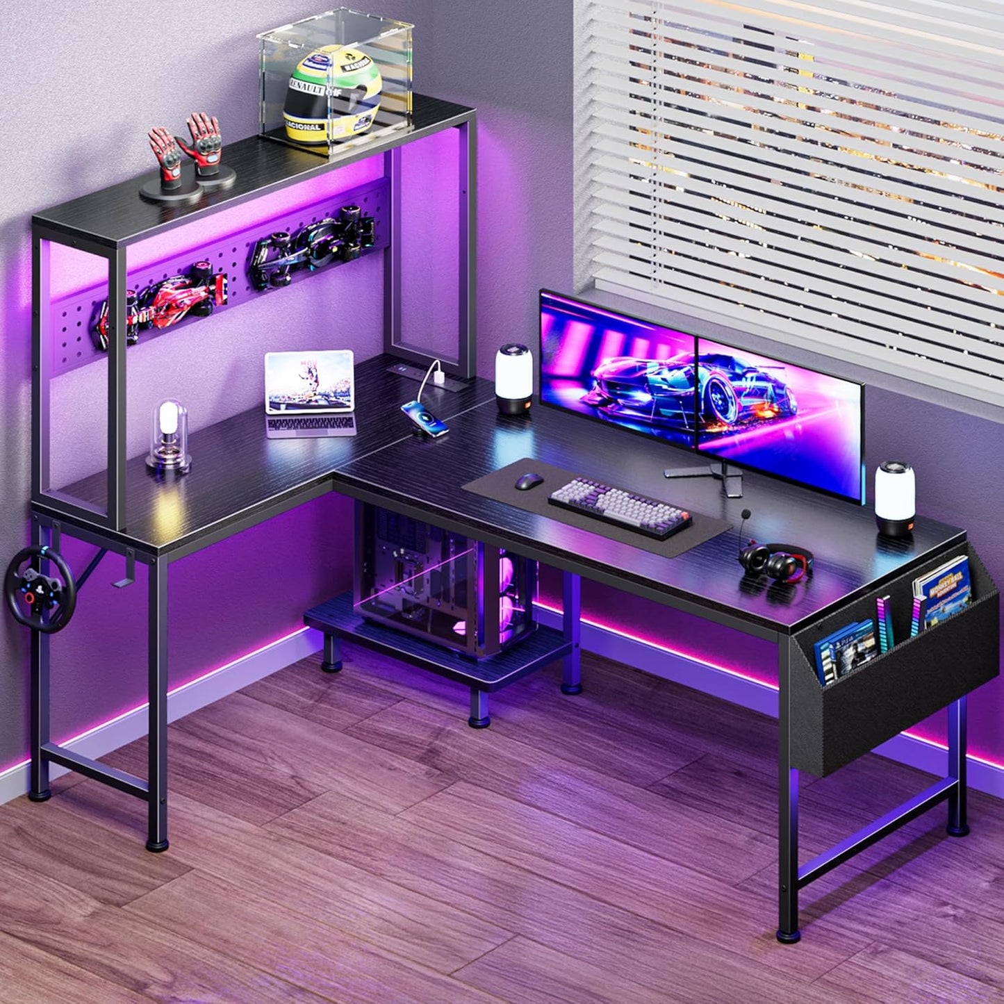 PRAISUN 51.2" L Shaped Gaming Desk with Power Outlets & USB-C Port, LED Lights, Computer Desk with Pegboard, Corner Desk with Storage Shelves & Bag, Office Desk with CPU Stand for Home Office, Black
