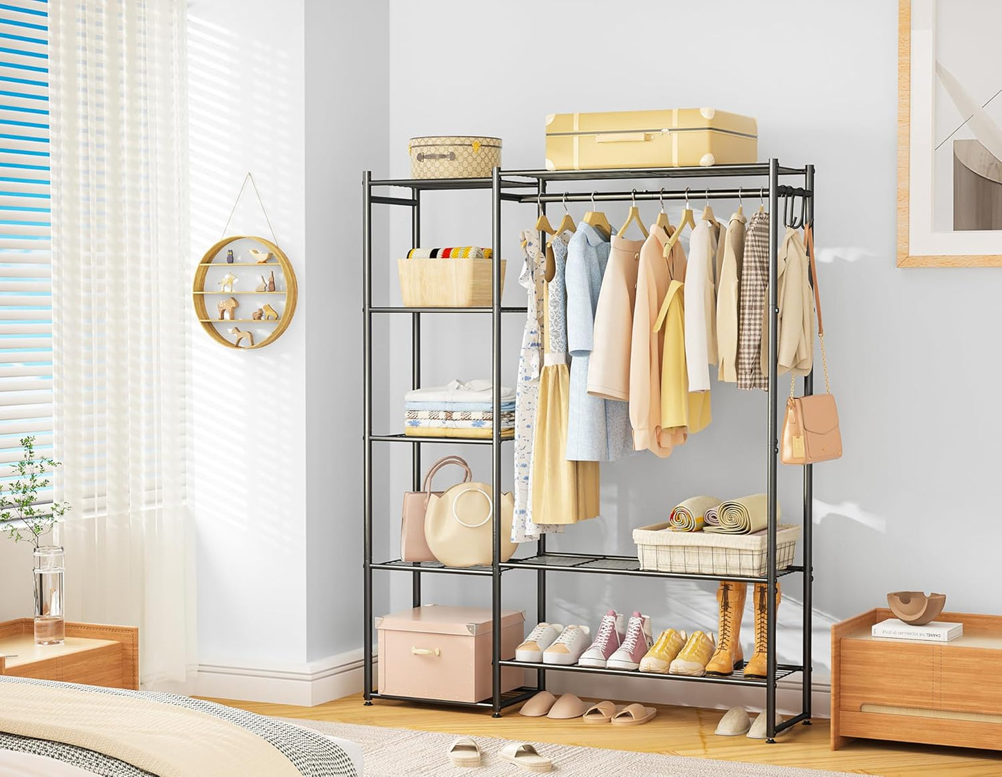 Neprock Wardrobe Closet, Portable Clothing Rack for Hanging Clothes, Free Standing Closet Organizers and Storage System with 4 Tiers Shelves for Cloakroom Bedroom, Black