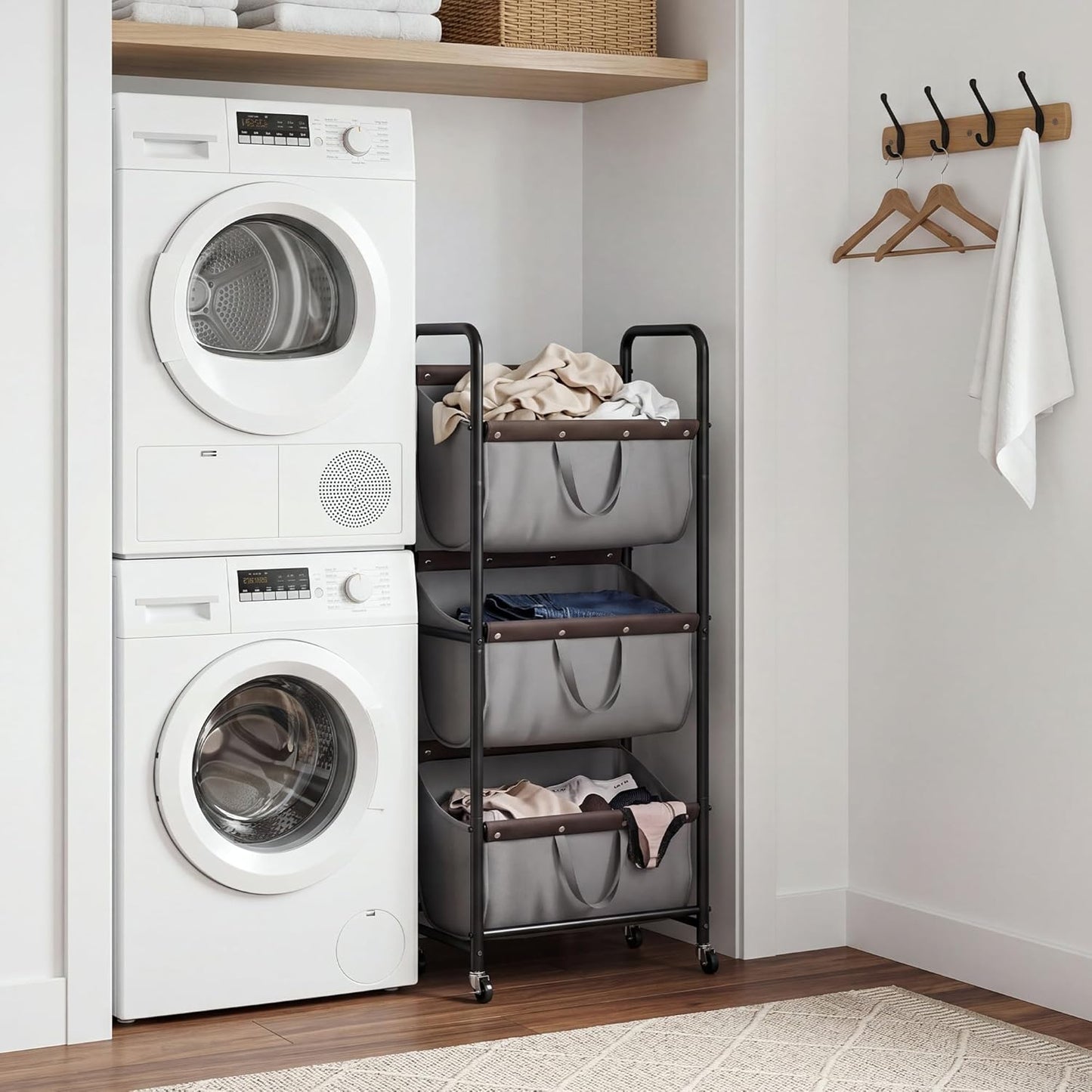 GRANNY SAYS 3 Section Tiered Laundry Sorter, Slim Vertical Laundry Hamper with Wheels, Narrow Rolling Laundry Cart with Removable Bags for Laundry Room, Bathroom, Closet, Dorm, Grey