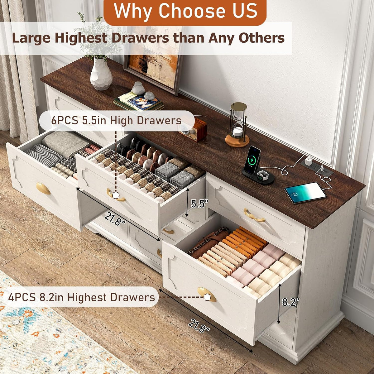 chartustriable 70inch Large Long Dresser w/Charging Station,10 Drawer Dresser w/Deep Big Drawers,Wooden Chest of Drawers w/Power Outlet,White Dressers for Bedroom,Living Room,Entryway