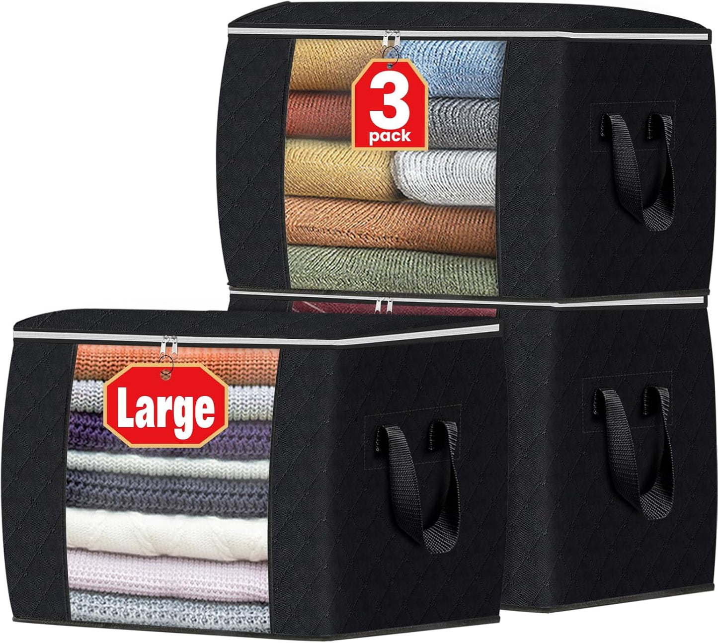 Fab totes 6 Pack Clothes Storage, Foldable Thick Fabric Blanket Storage Bags, Containers for Organizing Bedroom, Closet, Clothing, Comforter, Organization with Handle,Beige