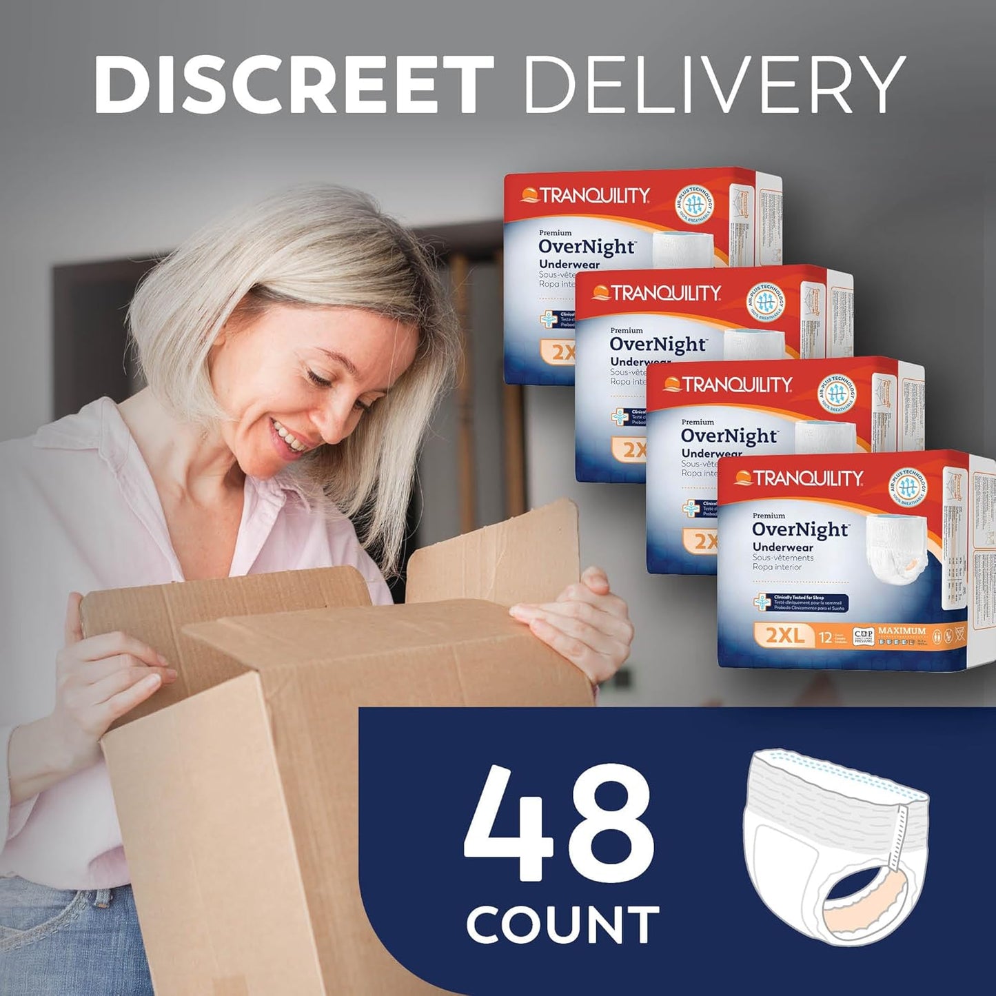Tranquility Premium OverNight Disposable Absorbent Underwear (48 Count) - 2XL, 62-80 in. Waist - Maximum Absorbency, All-Night Sleep, Breathable Comfort, 48 Adult Diapers