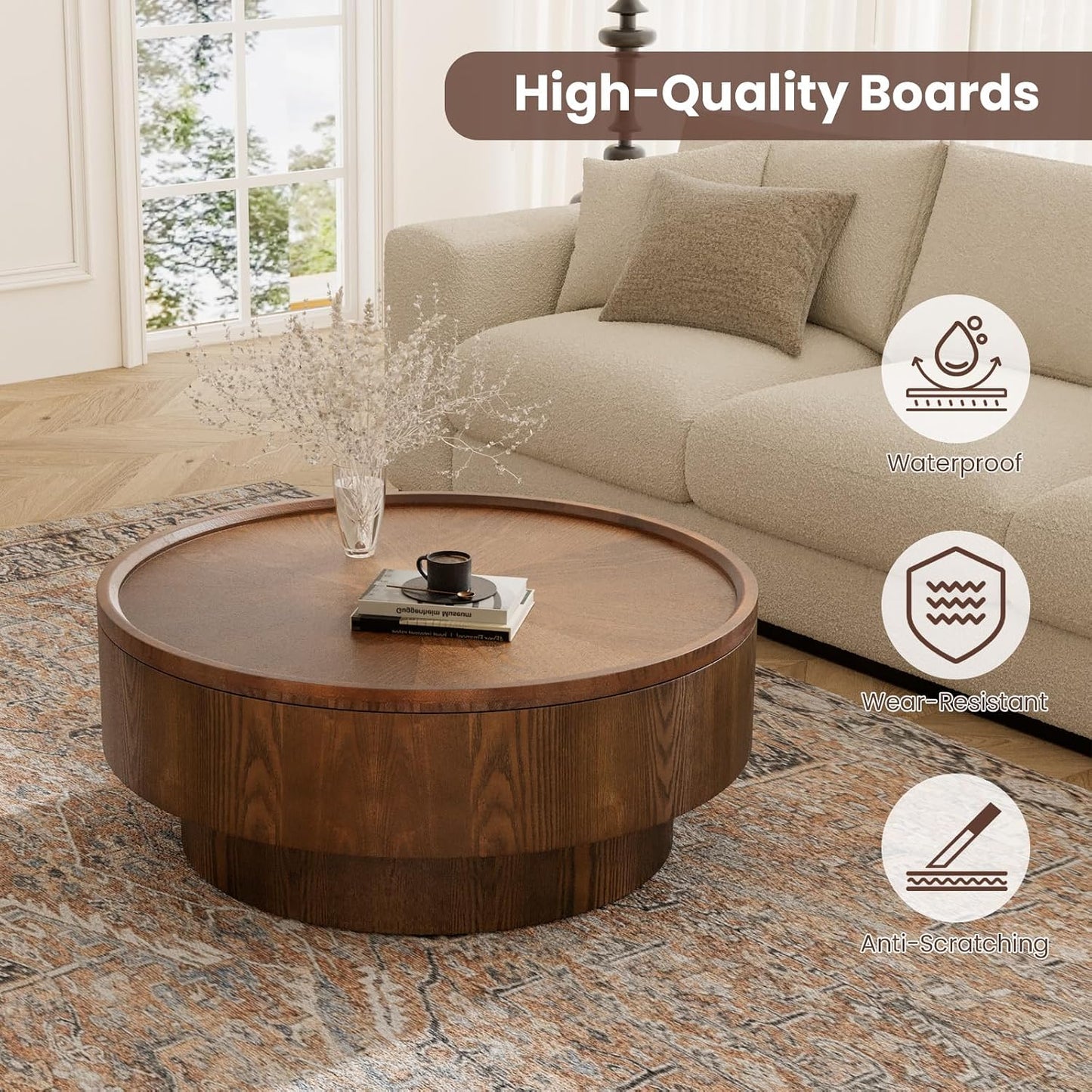 JHKZUDG 30.7" Small Round Coffee Table with Storage for Small Space | Wood Drum Coffee Table Mid Century Modern Circle Center Table Accent Tables for Living Room Apartment Easy Assembly