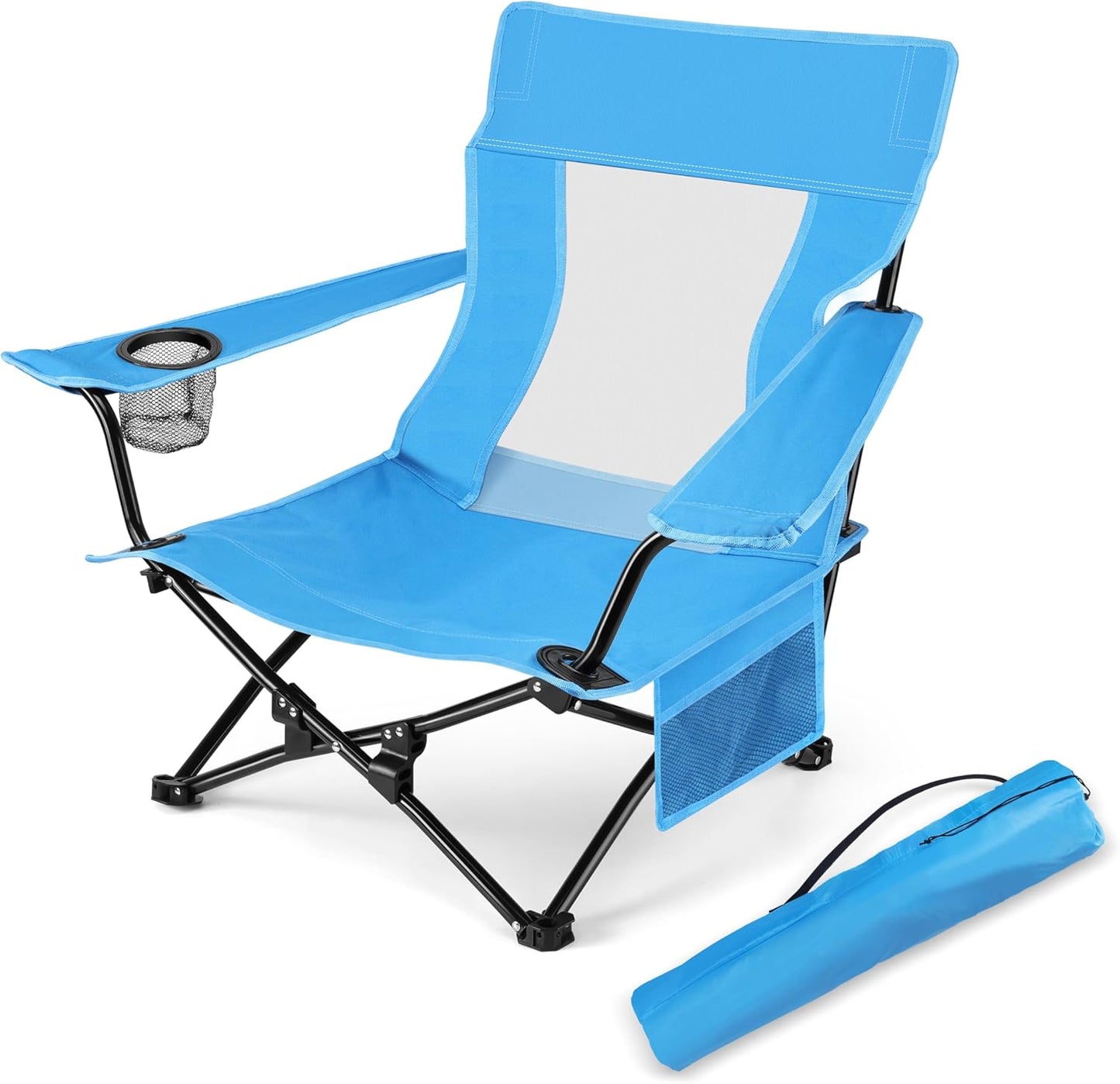 HaSteeL Folding Beach Chair, Foldable Blue Camping Chairs for Outside, Low Beach Chair Portable for Adults Fishing, Picnic, Outdoor BBQ, Travel, Sports, Cup Holder & Storage Bag