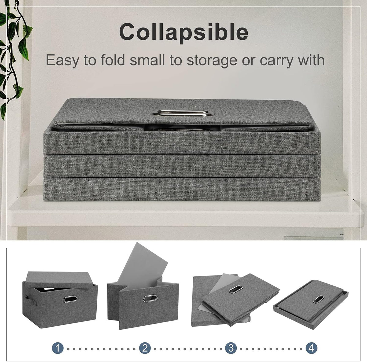 Graciadeco Medium 15" 21 Quart Collapsible Stackable Storage Bins with Lids, 5 Packs Grey Foldable Fabric Closet Boxes Heavy-duty Linen Cube Baskets Container for Bedroom Office (15 x 11 x 8)