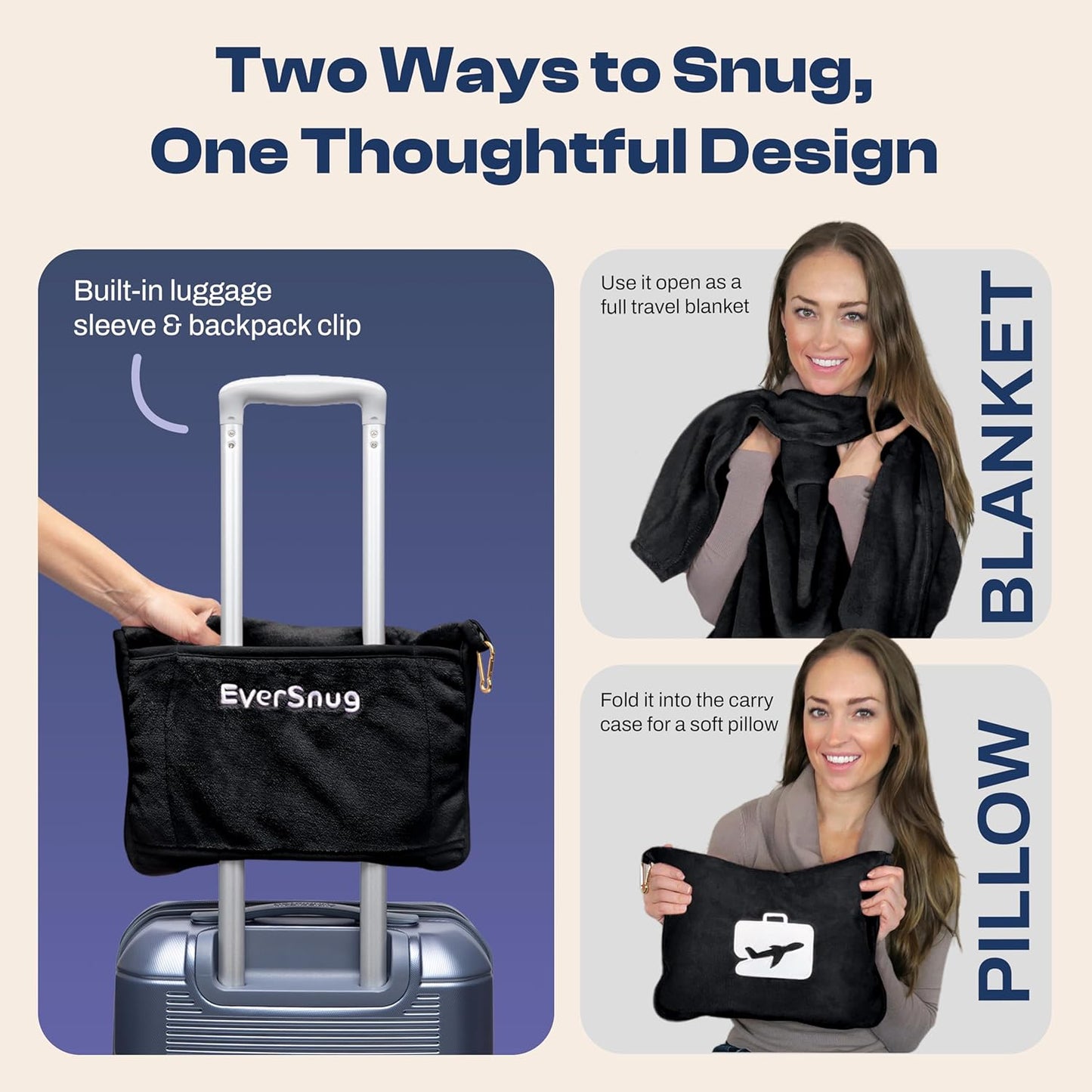 EverSnug Travel Blanket and Pillow - Ultra-Soft, Compact & Lightweight, 65x40 Inches, with Carry Case, Luggage Sleeve & Backpack Clip for Airplane Comfort (Black)