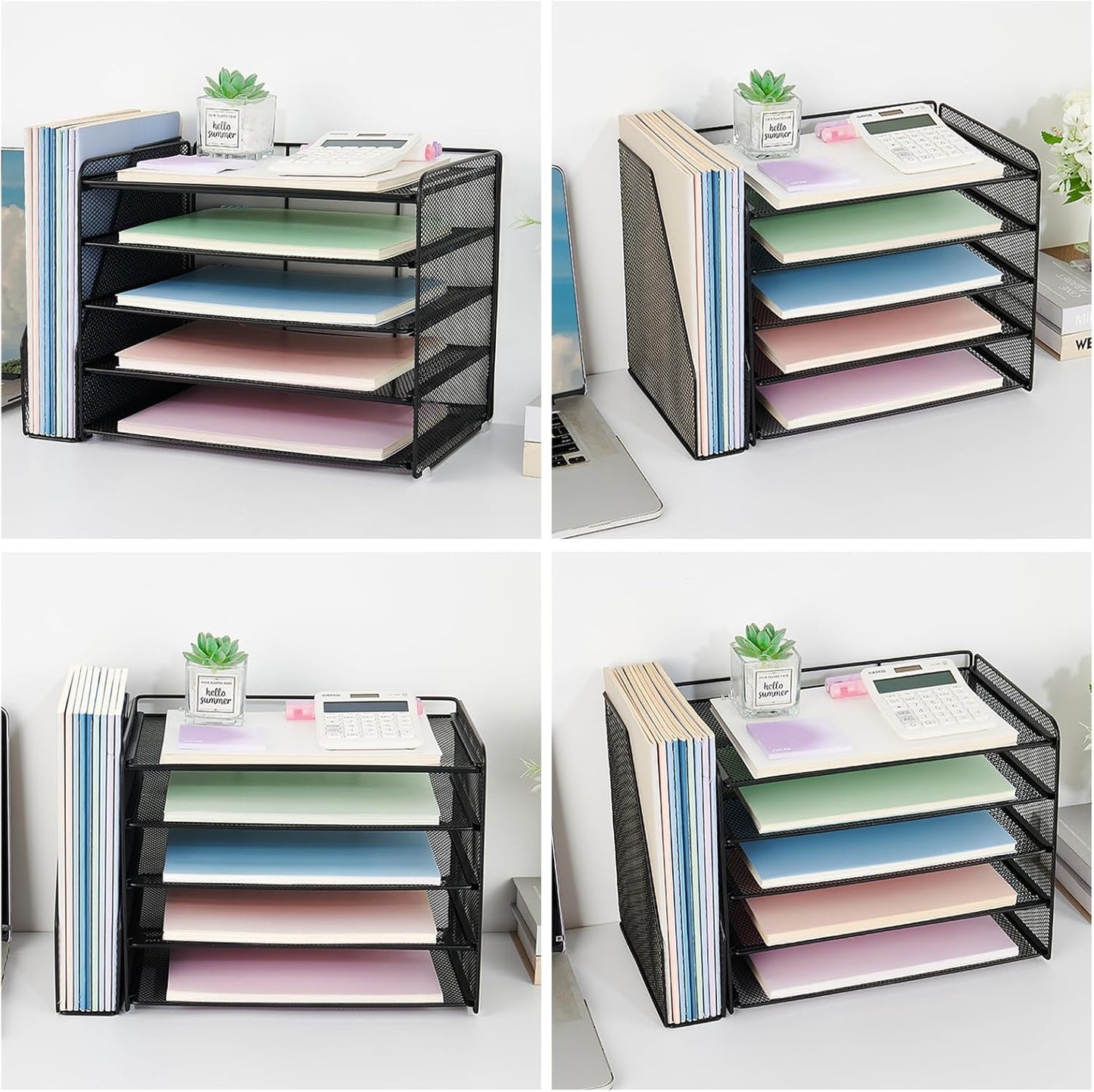 OPNICE Desk Organizers and Accessories, 5-Tier Paper Organizer Letter Tray with Magazine Holder, Office Desk Accessories & Workspace Organizers, Desktop File Organizer for Office Supplies, Black