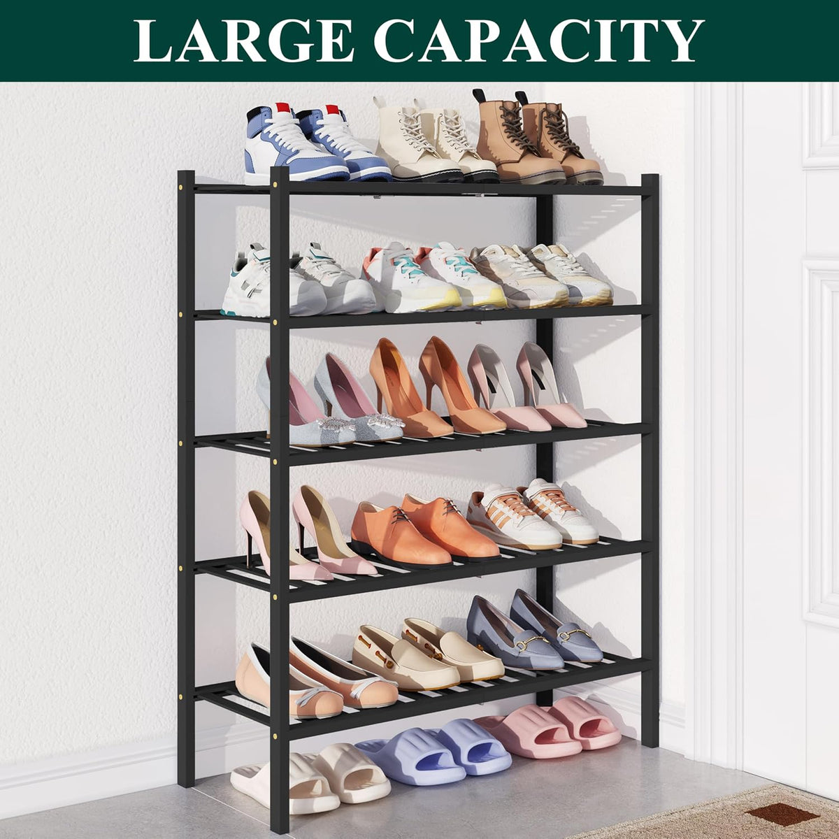 Smiry Bamboo Shoe Rack for Closet, 5 Tier - 26.77" Wide, Black