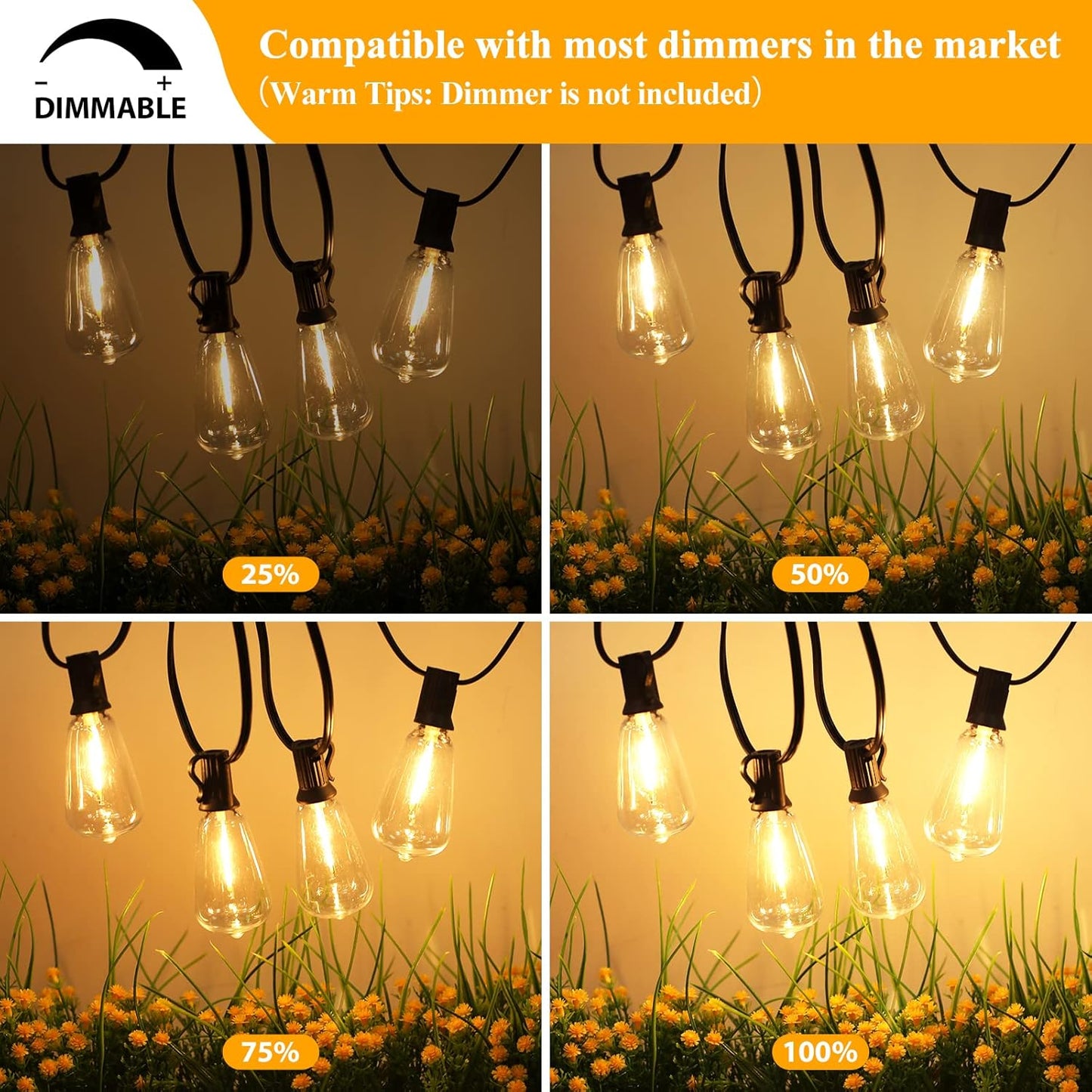 Brightever LED Outdoor String Lights 100FT Patio Lights with 52 Shatterproof ST38 Vintage Edison Bulbs, Outside Hanging Light Waterproof for Porch, Deck, Garden, Backyard, Balcony, 2700K Dimmable