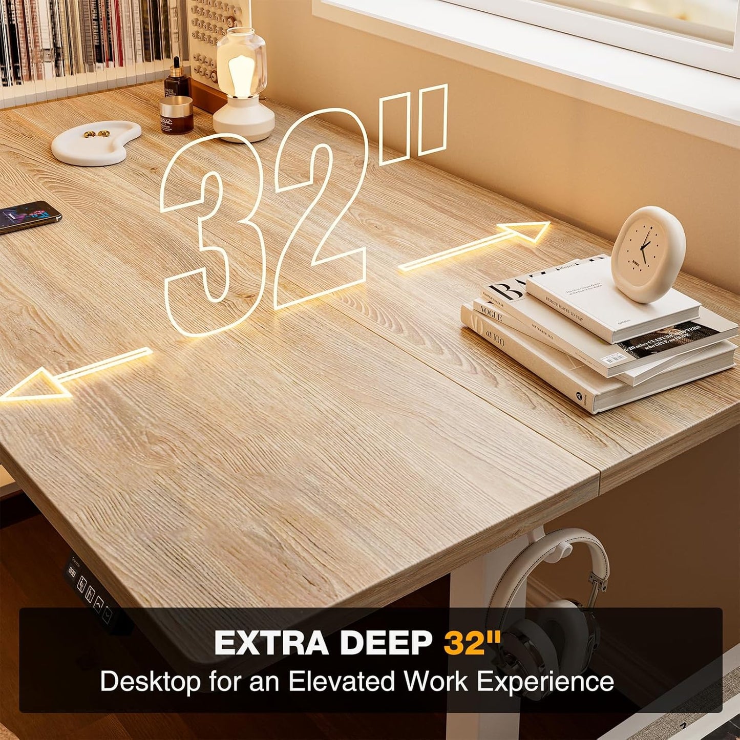 Grandder 47x32 Large Electric Standing Desk, Height Adjustable Computer Desk with 2 Memory Presets, 31.5" Deep Desktop Sit Stand Desk Home Office Desk Workstation Table with Hooks, Maple