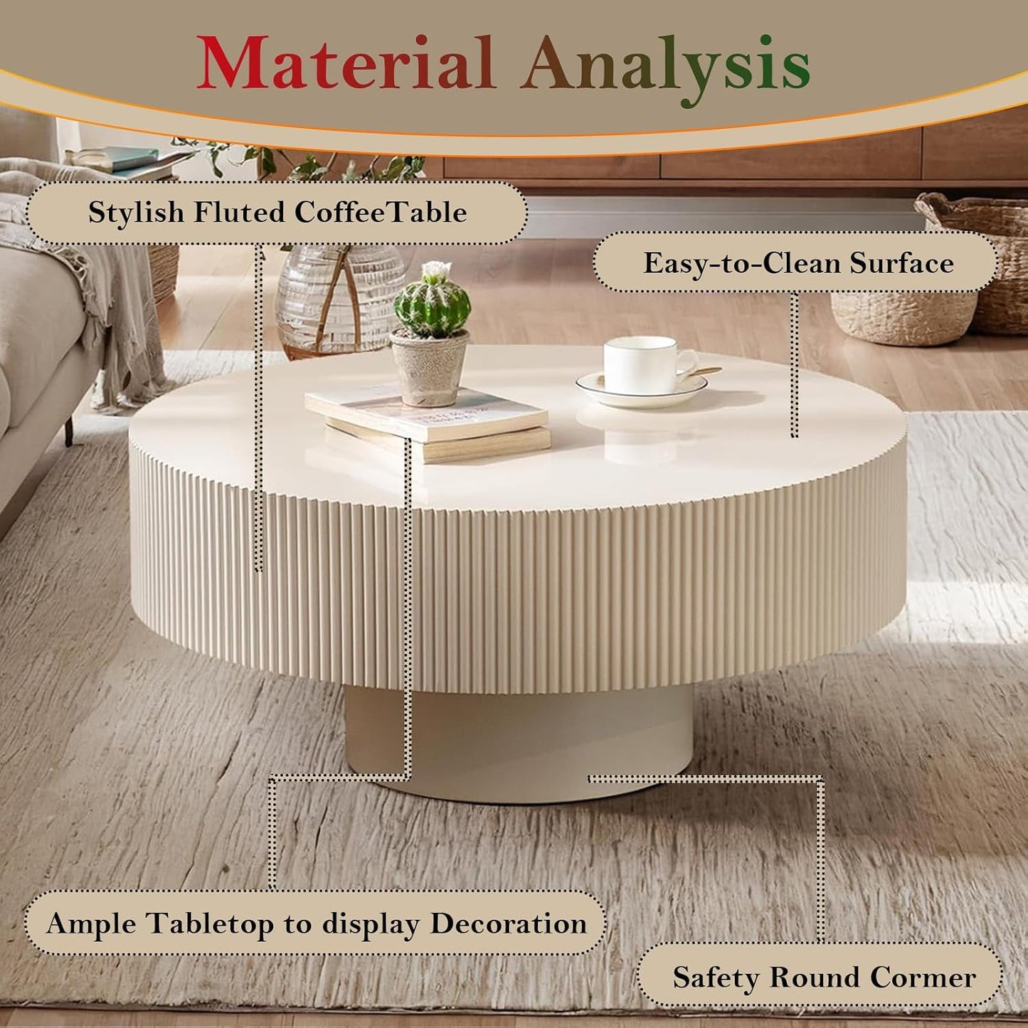Ivory White Round Fluted Coffee Table (Lvory White Thicken 30.71in) | Rustic Circular Pedestal Center Table, with Round Thicken Tabletop & Sturdy Pedestal | for Living Room Study Farmhouse
