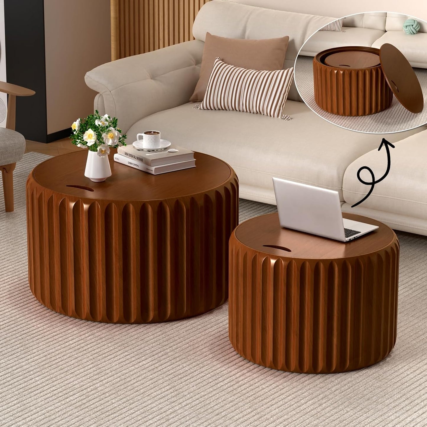 Round Fluted Nesting Coffee Table Set of 2 with Storage (Brown set of 2) | Wooden Coffee Table with Removable Lid Modern Handcraft Drum Accent End Table for Living Room Small Space Apartment