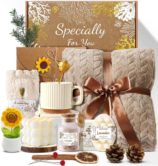 11pcs Spa Gift Baskets for Women, Sunflower Self Care Set, Brown