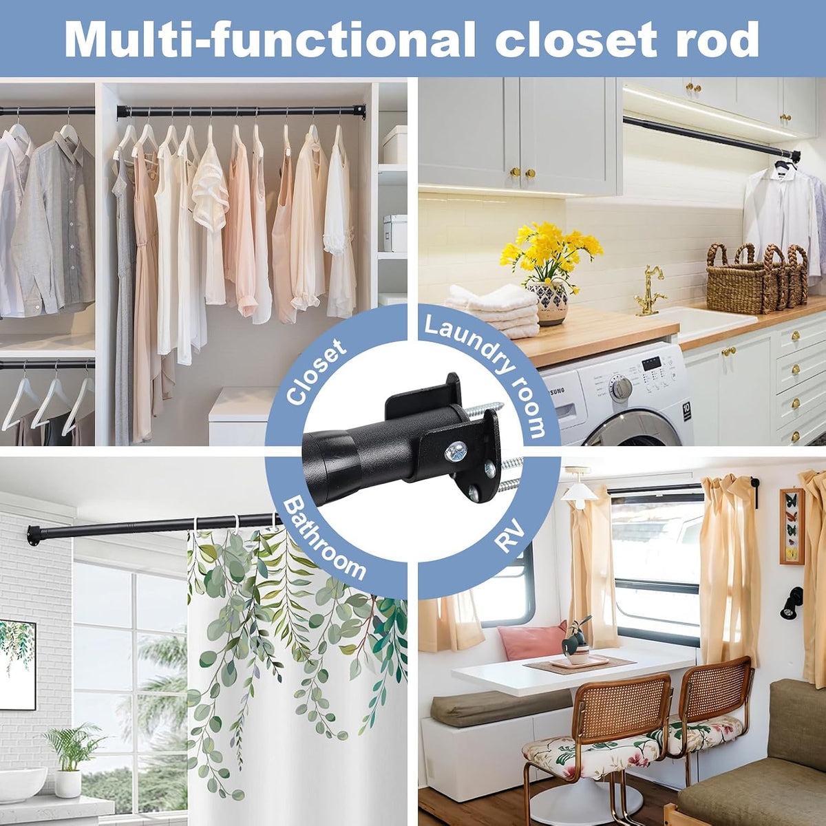 Closet Rods For Hanging Clothes,17-39 Inches Stepless Spring Adjustable Closet Rod With bracket U-shaped,1.3 Inches Heavy Duty Closet Hanging Rod For Wardrobe,Laundry room,Bathroom And Windows