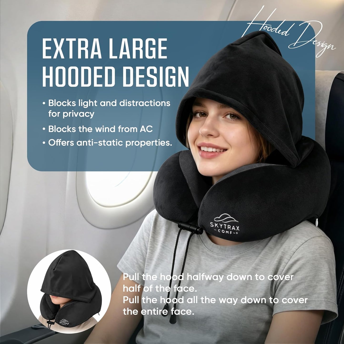 SkytraxComf® Travel Neck Pillow with Hood for Privacy on Long Flights | Memory Foam | Airplane Sleep | Safety-Tested Materials | Extra Large Hood | Chin Support | Earplugs | Washable Cover