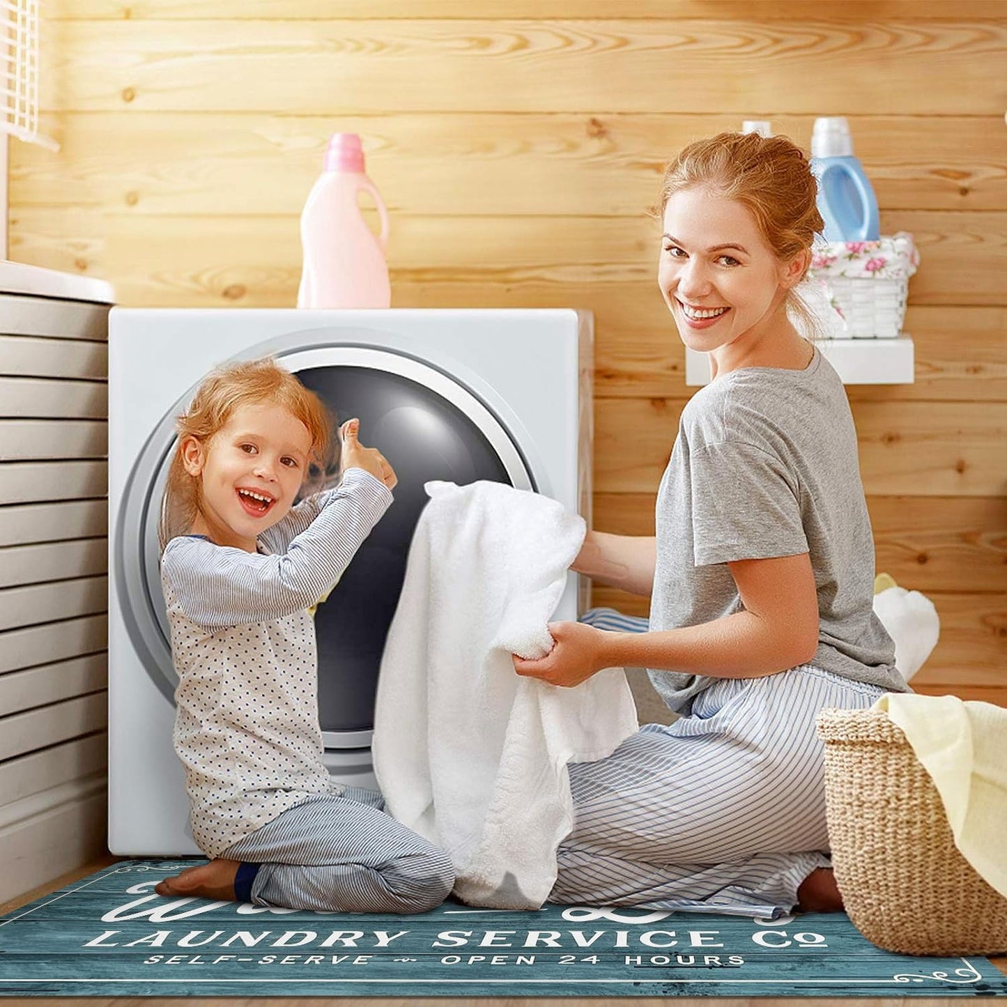 KOZYFLY Laundry Room Rug Runner 20"x48" Non Slip Kitchen Rugs Washable Laundry Room Mat Waterproof Mudroom Floor Carpet Runner Farmhouse Decor, 1.7x4ft, Cyan, Wash and Dry