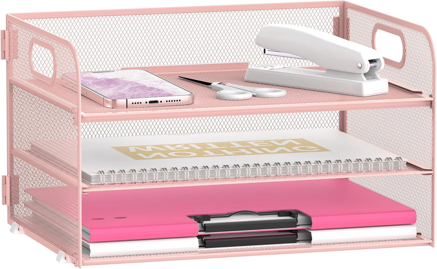 DALTACK 3 Tier Paper Organizer with Handle, Mesh Metal Desk Organizer with Sliding Paper Trays for Letter/A4 Paper, Mail, Bills & Folders, Pink