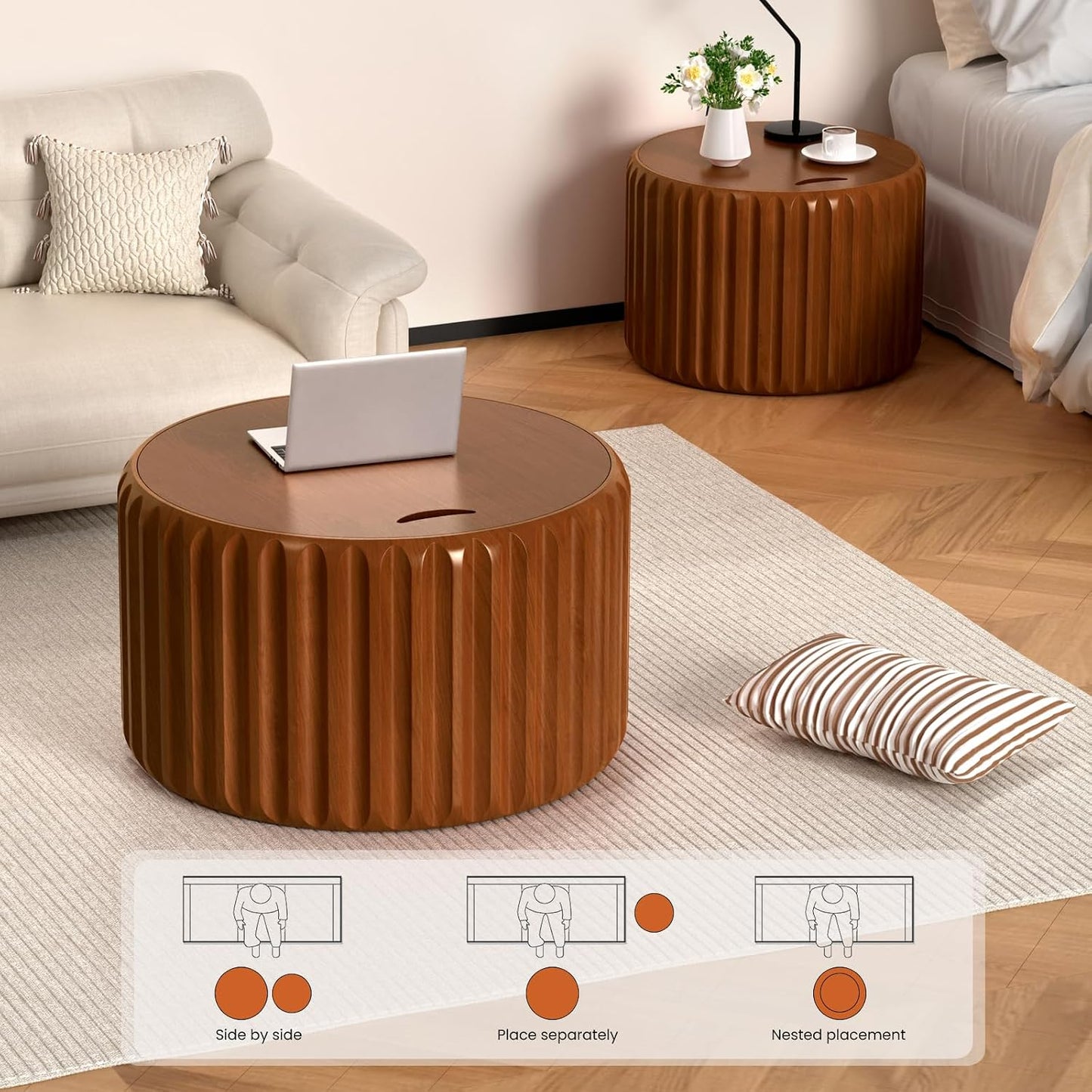 Round Fluted Nesting Coffee Table Set of 2 with Storage (Brown set of 2) | Wooden Coffee Table with Removable Lid Modern Handcraft Drum Accent End Table for Living Room Small Space Apartment