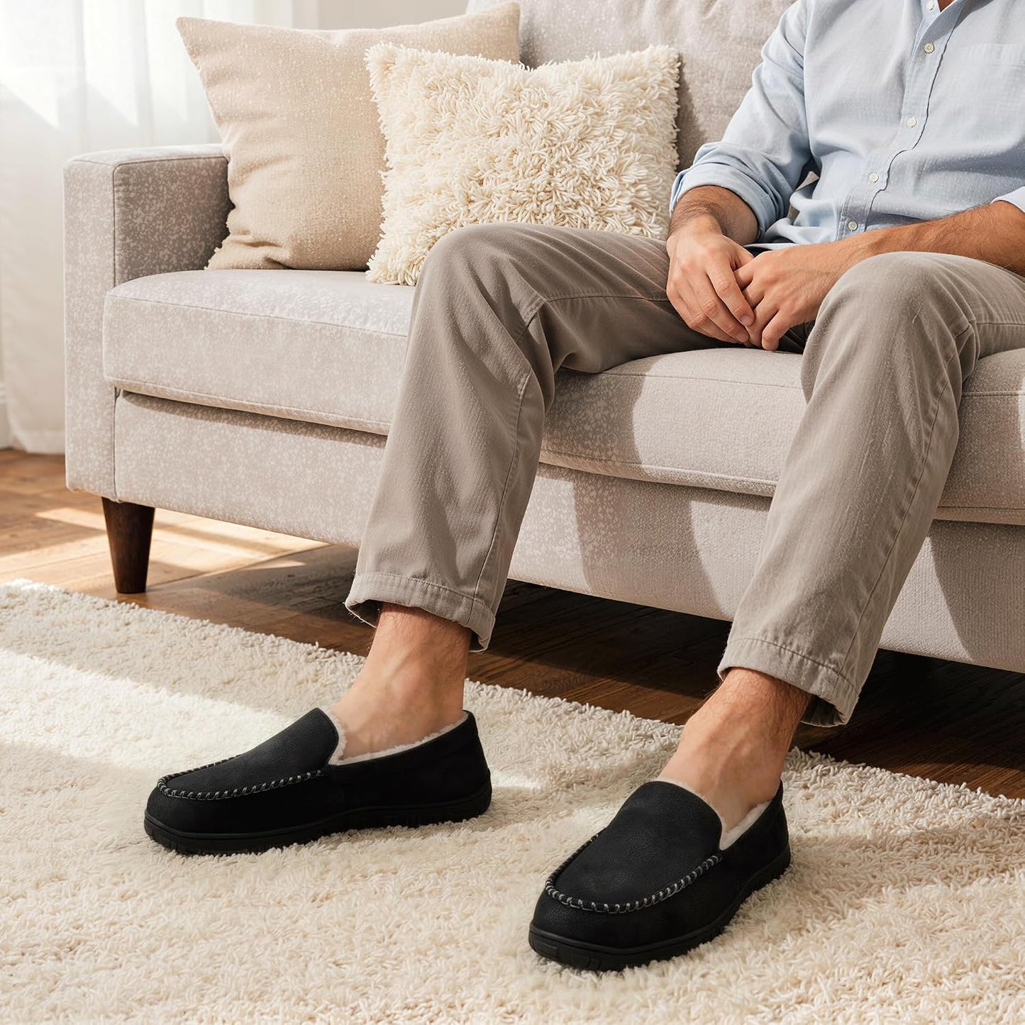 shoeslocker Men's Slippers Indoor Outdoor Warm Soft Plush Memory Foam House Slippers for Men Comfortable Bedroom Moccasin Slipper Non-Slip