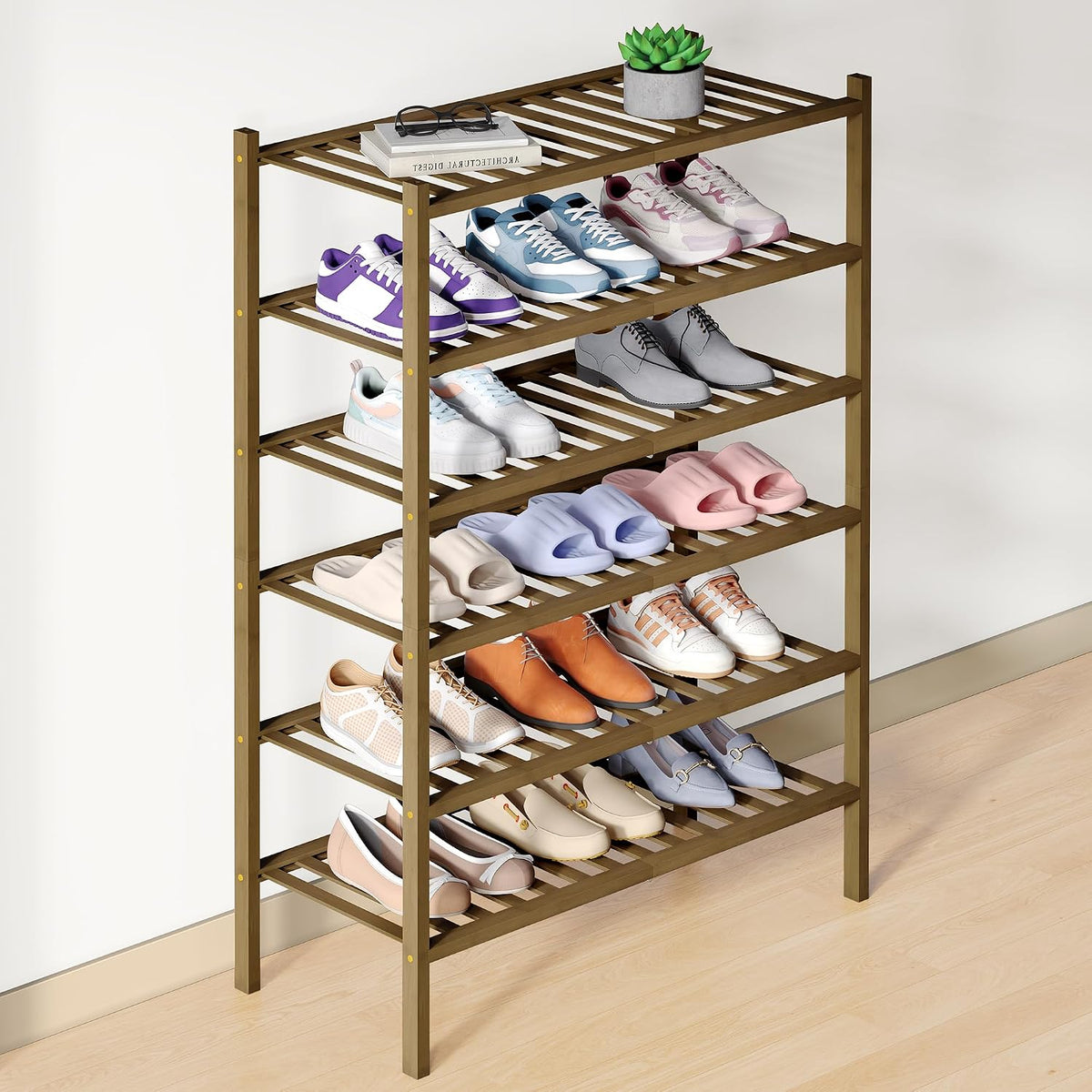 Smiry Bamboo Shoe Rack for Closet, 6 Tier - 26.77" Wide, Walnut