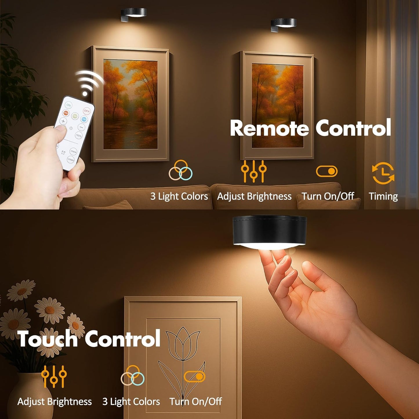 3Pcs Picture Lights for Wall Battery Operated, Magnetic Led Painting Light with Remote Dimmable and Timer, 3 Lighting Modes Art Display Light for Picture Frame, Wireless Wall Decor Puck Lights, Black