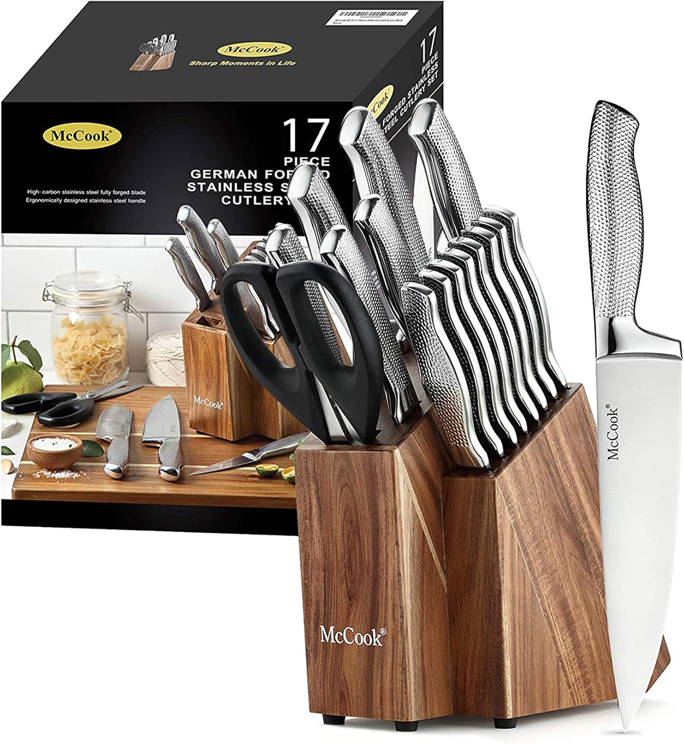 McCook® Knife Sets, German Stainless Steel Kitchen Knives Set with Built-in Sharpener and Wooden Block