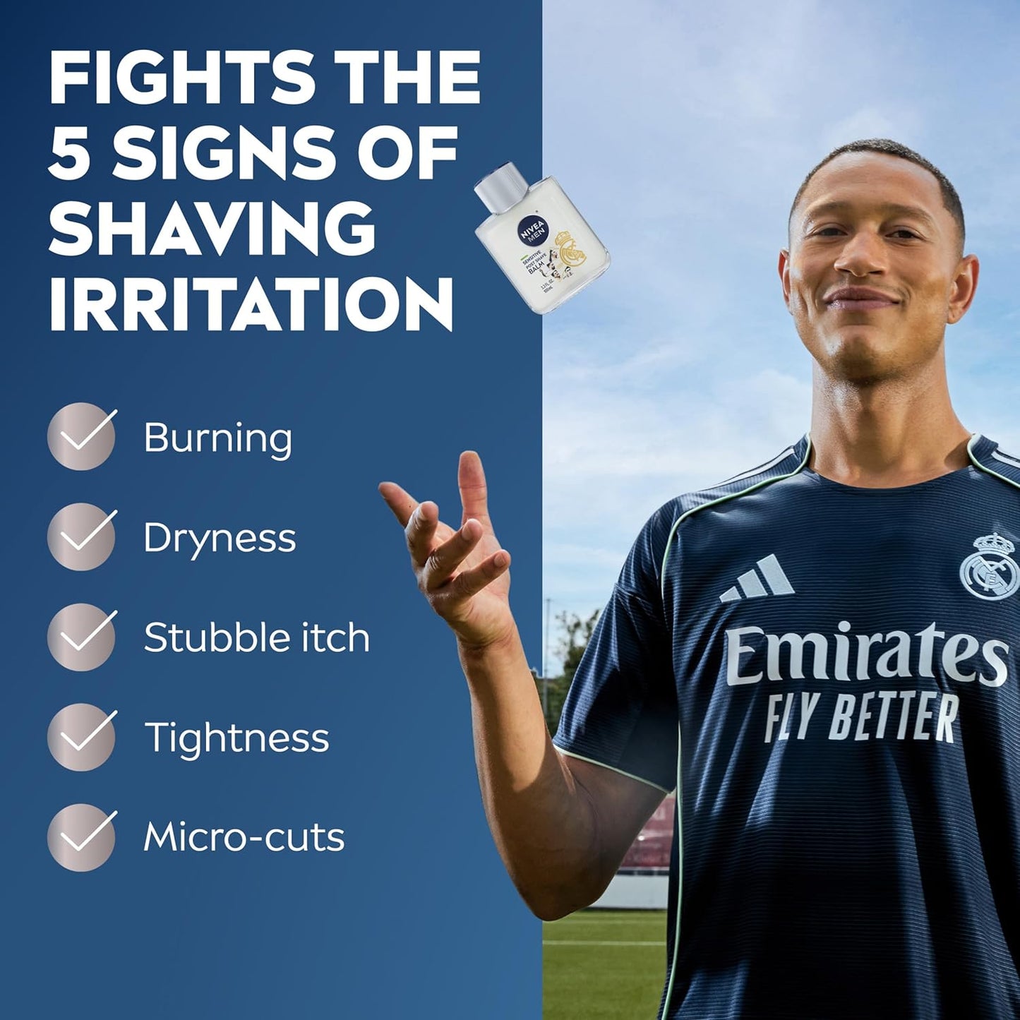 NIVEA MEN Real Madrid Limited Edition Design Sensitive Post Shave Balm, with VitaminPro Complex, Alcohol Free After Shave Balm for Men, 3.3 Fl Oz Bottle, Pack of 3