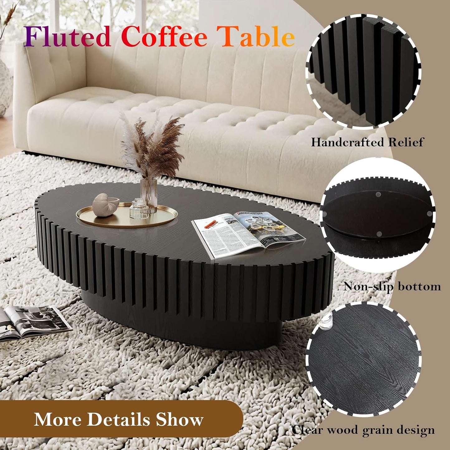 Handcraft Fluted Coffee Table with Sturdy Pedestal (Oval Black 43.3in) | 43.3" Oval Drum Center Tables | for Living Room Apartment Farmhouse | Easy to Assembly