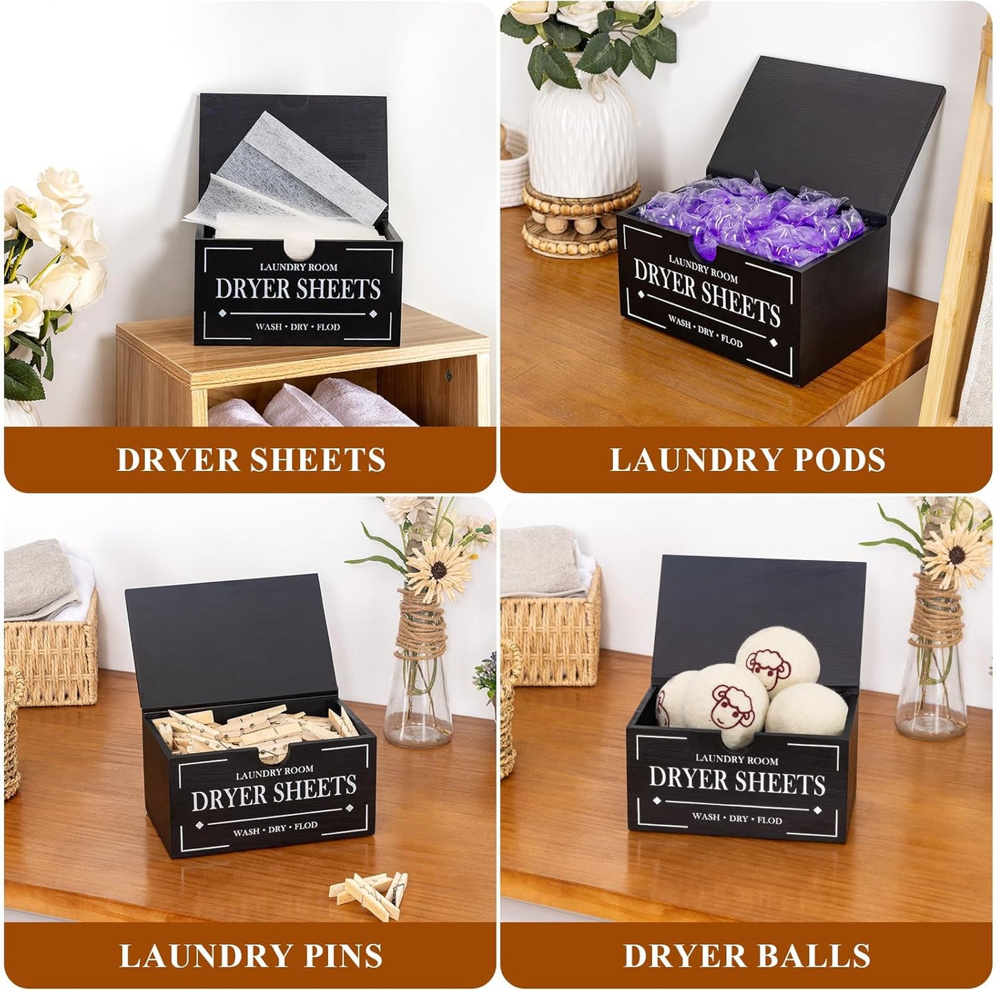 HouseJoy Dryer Sheet Holder-Black Dryer Sheet Container with Lid,Wooden Laundry Room Organization and Storage,Rustic Farmhouse Dryer Sheet Dispenser for Laundry Room Decor,Fabric Softener Containers