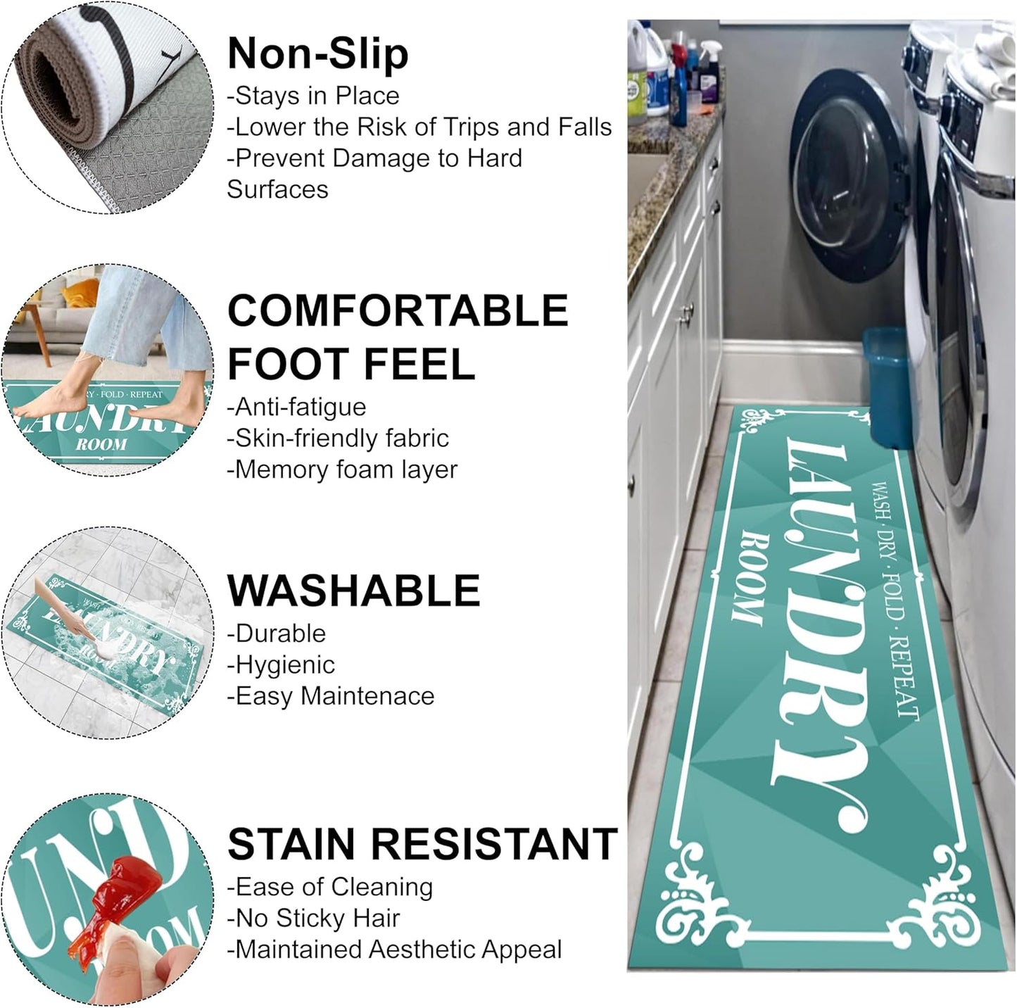 Laundry Room Rug: 17"X47" Non-Slip Washable Runner Rug, Rolled-up – NO Creases, Laundry Room Decor and Accessories, Text Design Laundry Mat - Area Rug for Farmhouse Kitchen Living Room Hallway