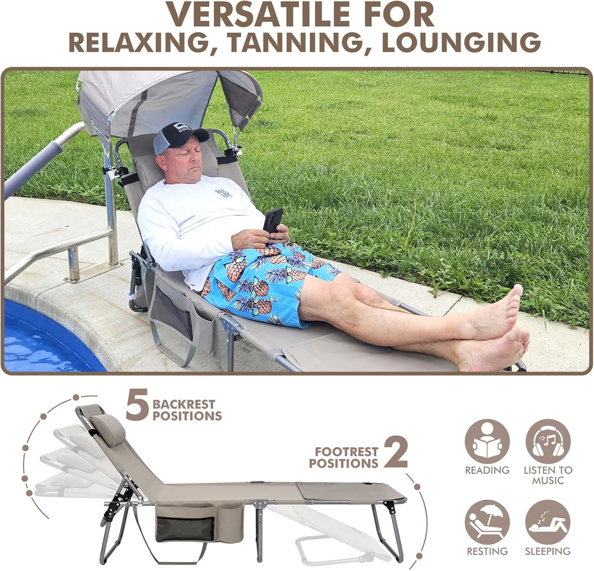 Tanning Chair with Sun Canopy Face Hole Softer Padded Adjustable Washable, Heavy Duty Layout Folding Lounge Chair for Adults Outside Beach Reading Sunbathing Poolside Lawn, UPF 50+ Sun Shade, 300 LBS