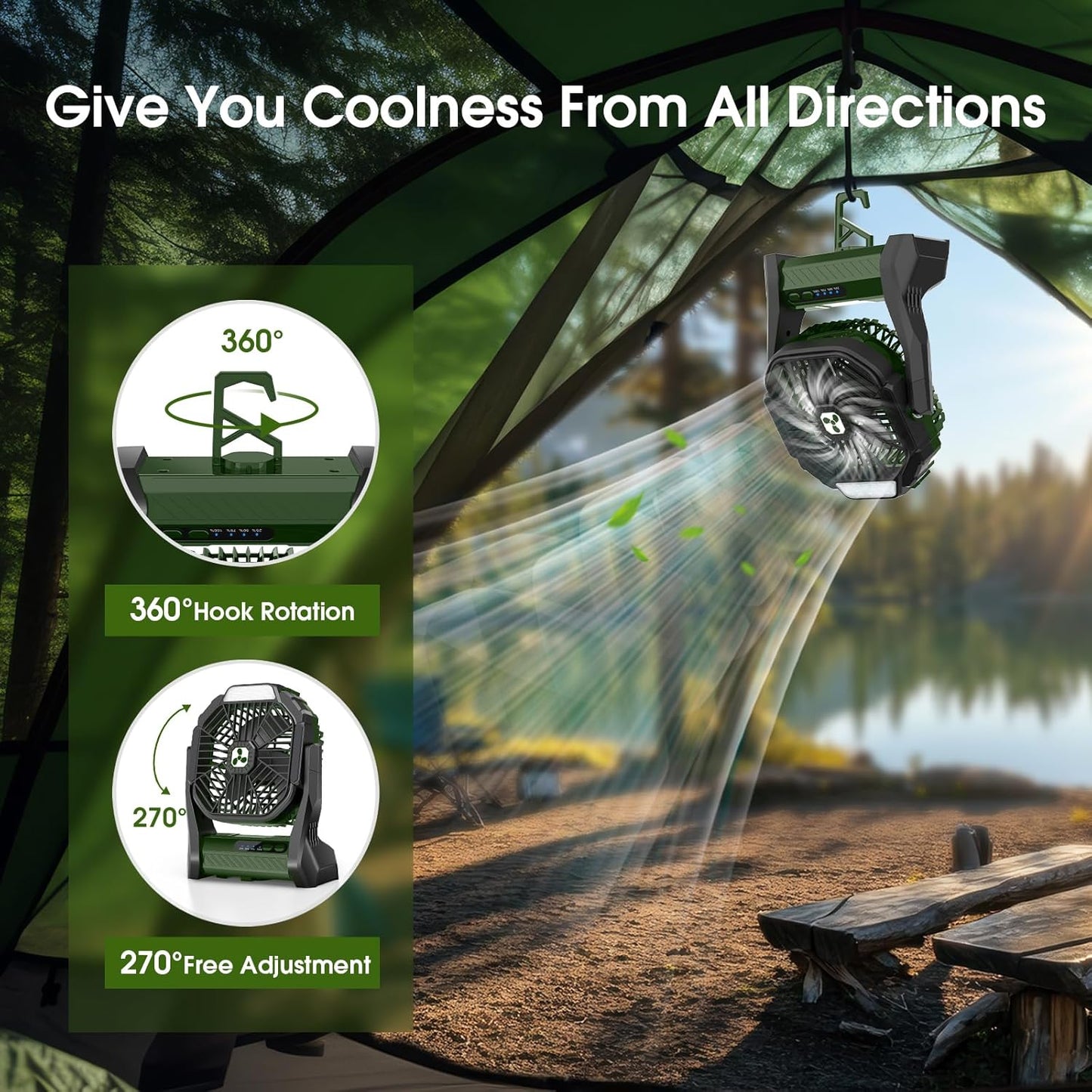 Portable Rechargeable Fan, 20000mAh Cordless Battery Powered Camping Tent Fans with LED Lantern, Small USB C Operated Outdoor Ventilador for Travel Camp Fishing Picnic Home Power Outage Emergency