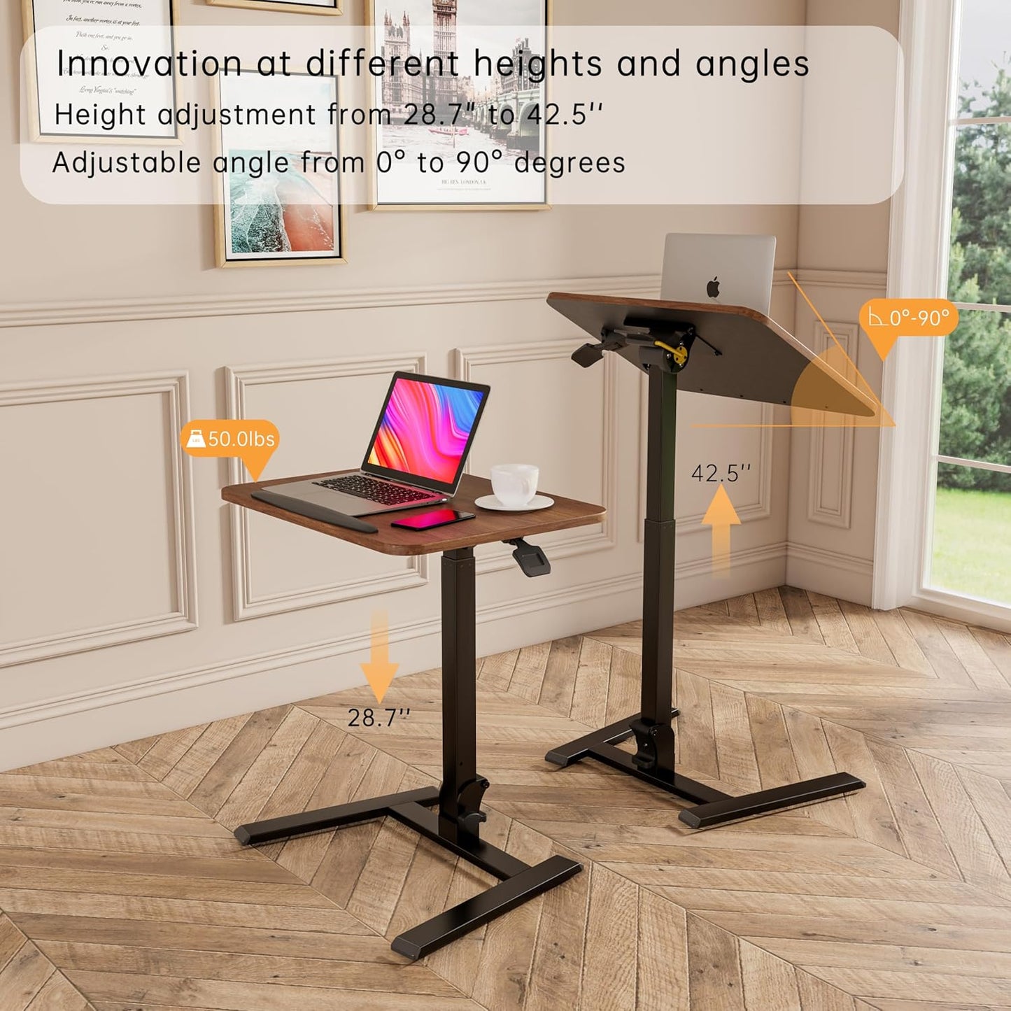 alawooder 25 Inch Mobile Folding Desk - No Assembly, Pneumatic Sit-Stand, 29-42" Height Adjustable Rolling Laptop Desk with Hidden Wheels, 0-90° Tilt Top for Home Office, Craft & Study