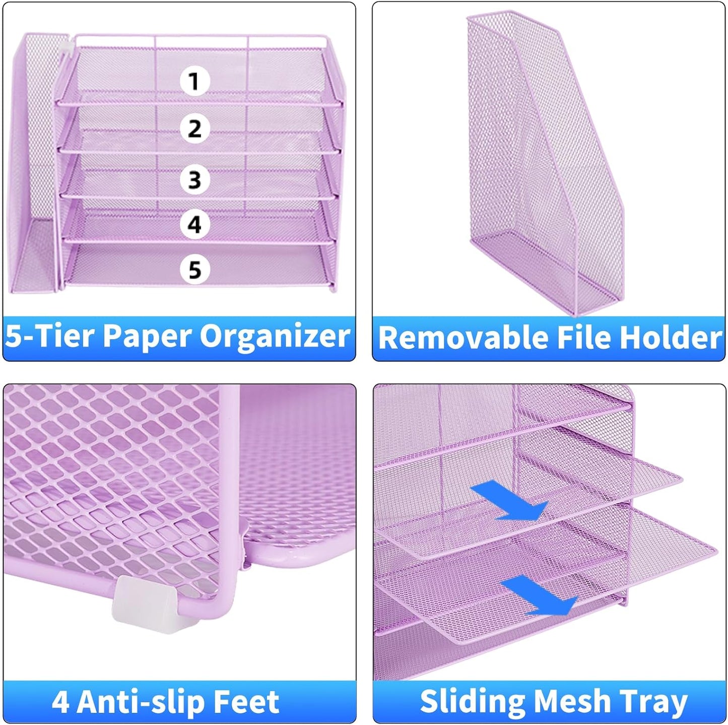 OPNICE Desk Organizer, 5-Tier Paper Organizer Letter Tray with Magazine Holder, Office Desk Accessories & Workspace Organizers, Desktop File Organizer for Office Supplies Storage, Purple