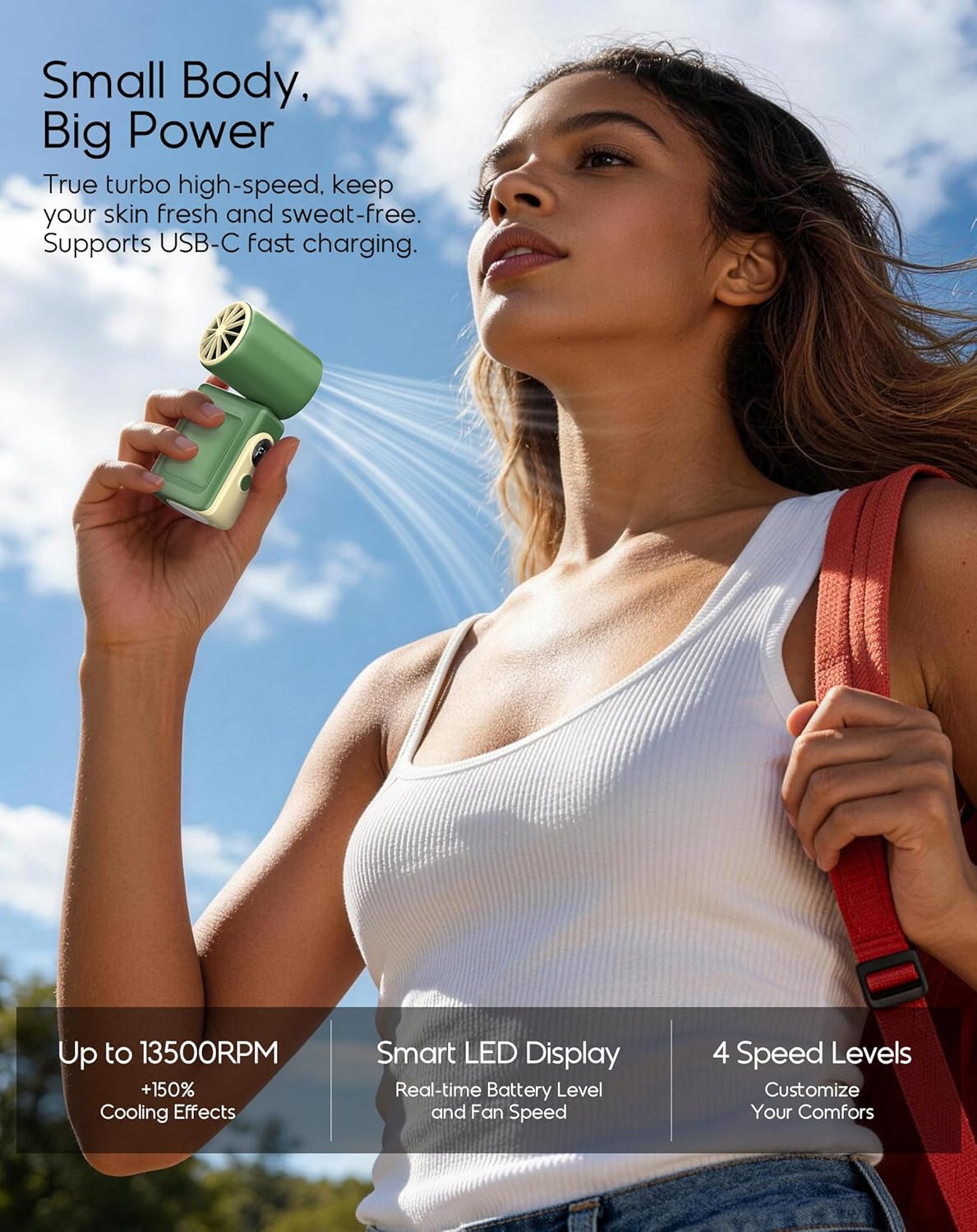 Portable Clip-On Mini Fan, Hands-Free, Turbo Personal Handheld Fans Rechargeable w/ 4 Wind & LED Display, Pocket Size Summer Essentials for Travel/EyeLash/Beach/Concert, Gifts for Women Men(Green)