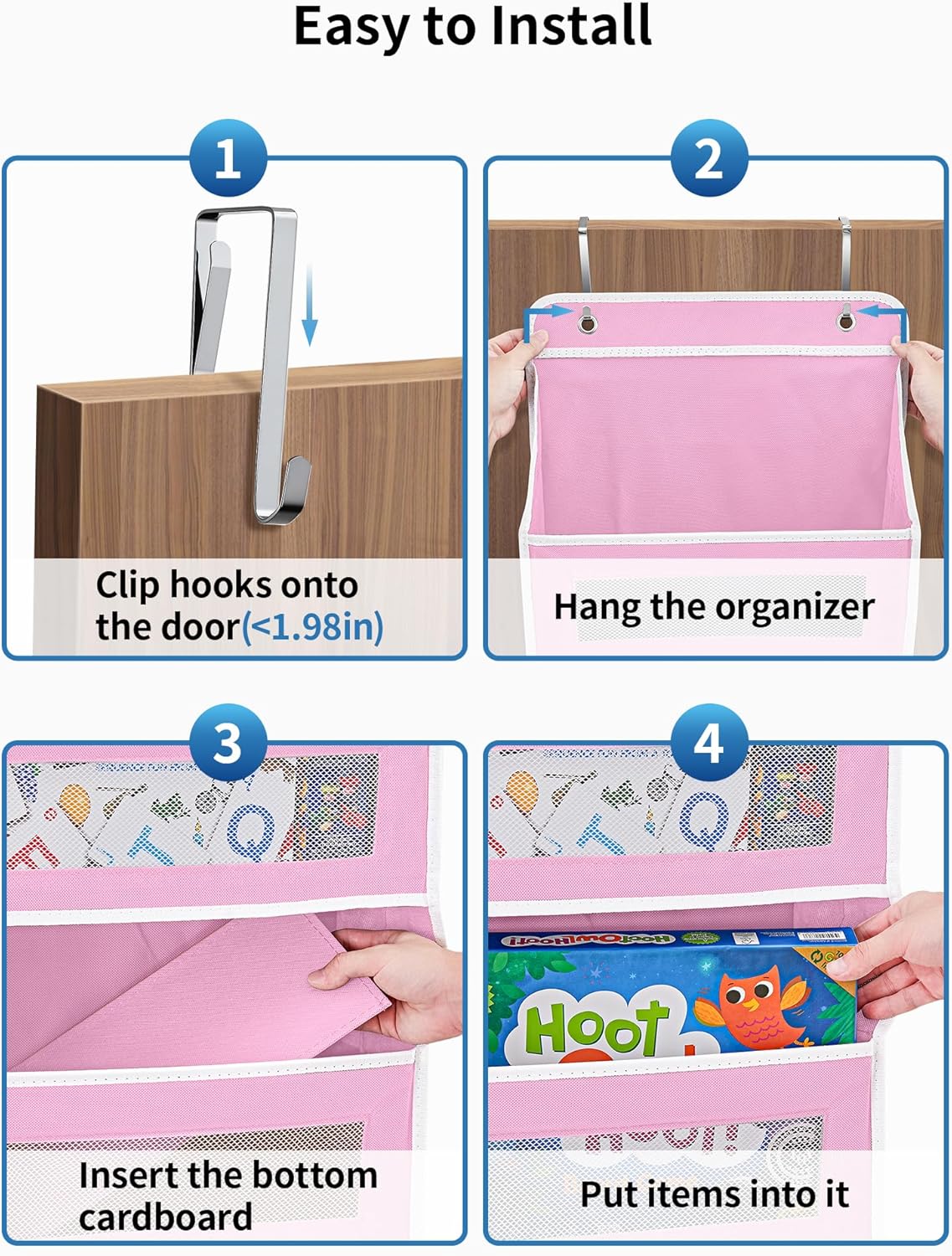 JARLINK Over The Door Organizer Storage, 5 Shelf Hanging Door Organizer with 5 Large Capacity Pockets, Anti Tilt 44 lb Load Behind Door Storage for Bedroom, Bathroom, Pantry, Nursery, (Pink)