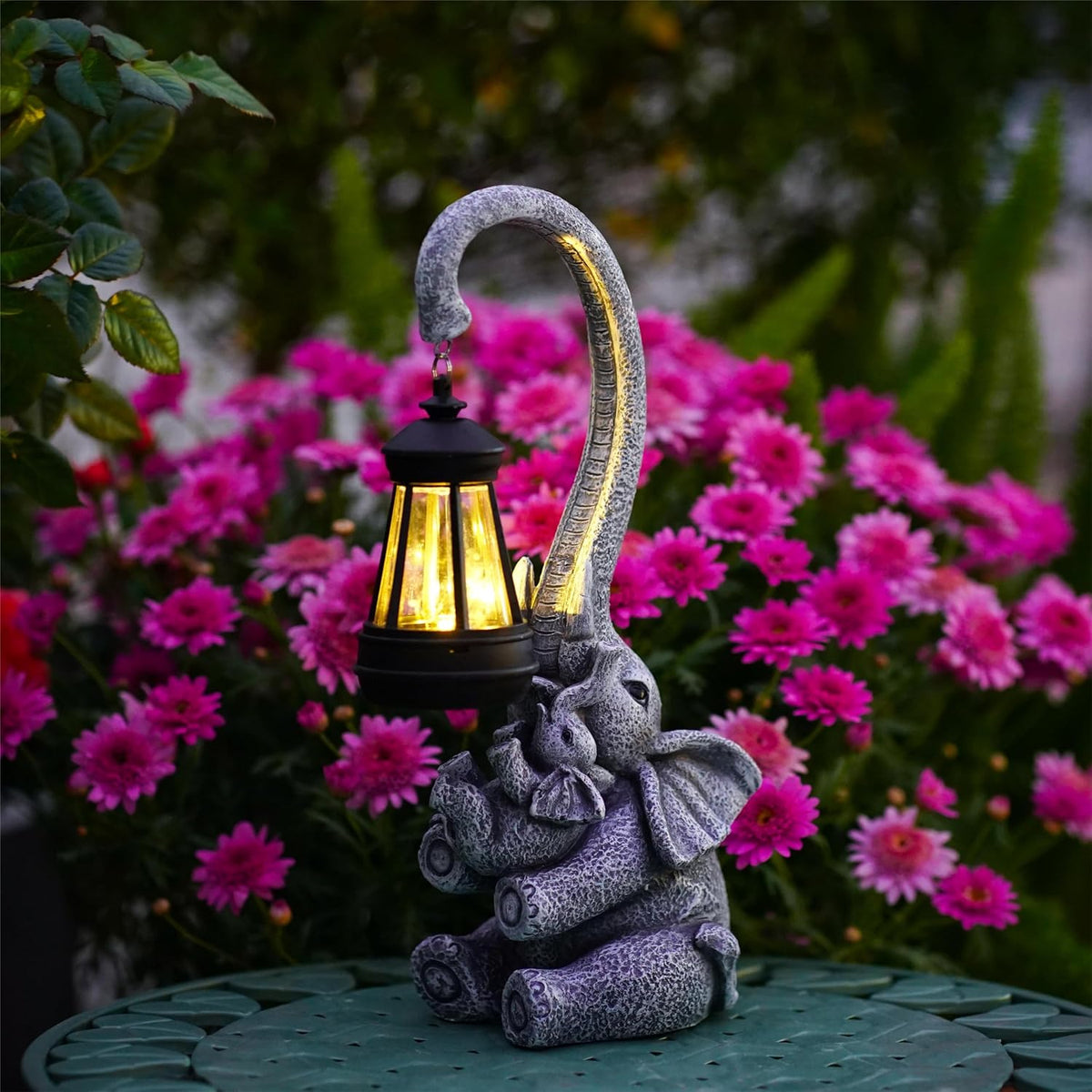 Pohabery Elephant Outdoor Statues with Cute Baby Garden Decor, Resin Elephant Figurines with Solar Lantern Outdoor Decoration Gifts for Mothers Day, Birthday Day