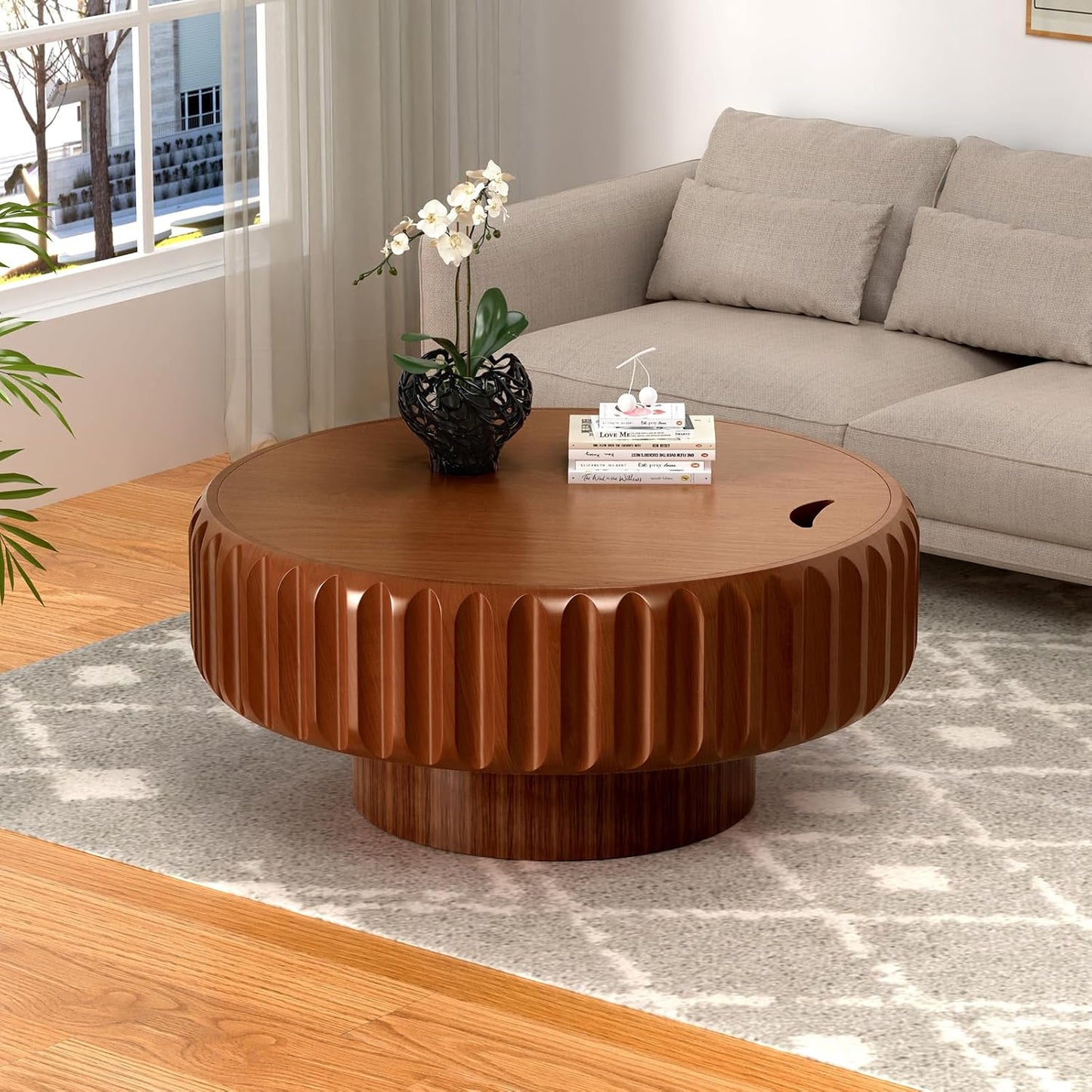 31.5 in Brown Round Drum Coffee Table with Storage | Modern Round Fluted Storage Center Table Handcrafted Solid Wood Fluted Edge, Cylindrical Base For Living Room, Apartment