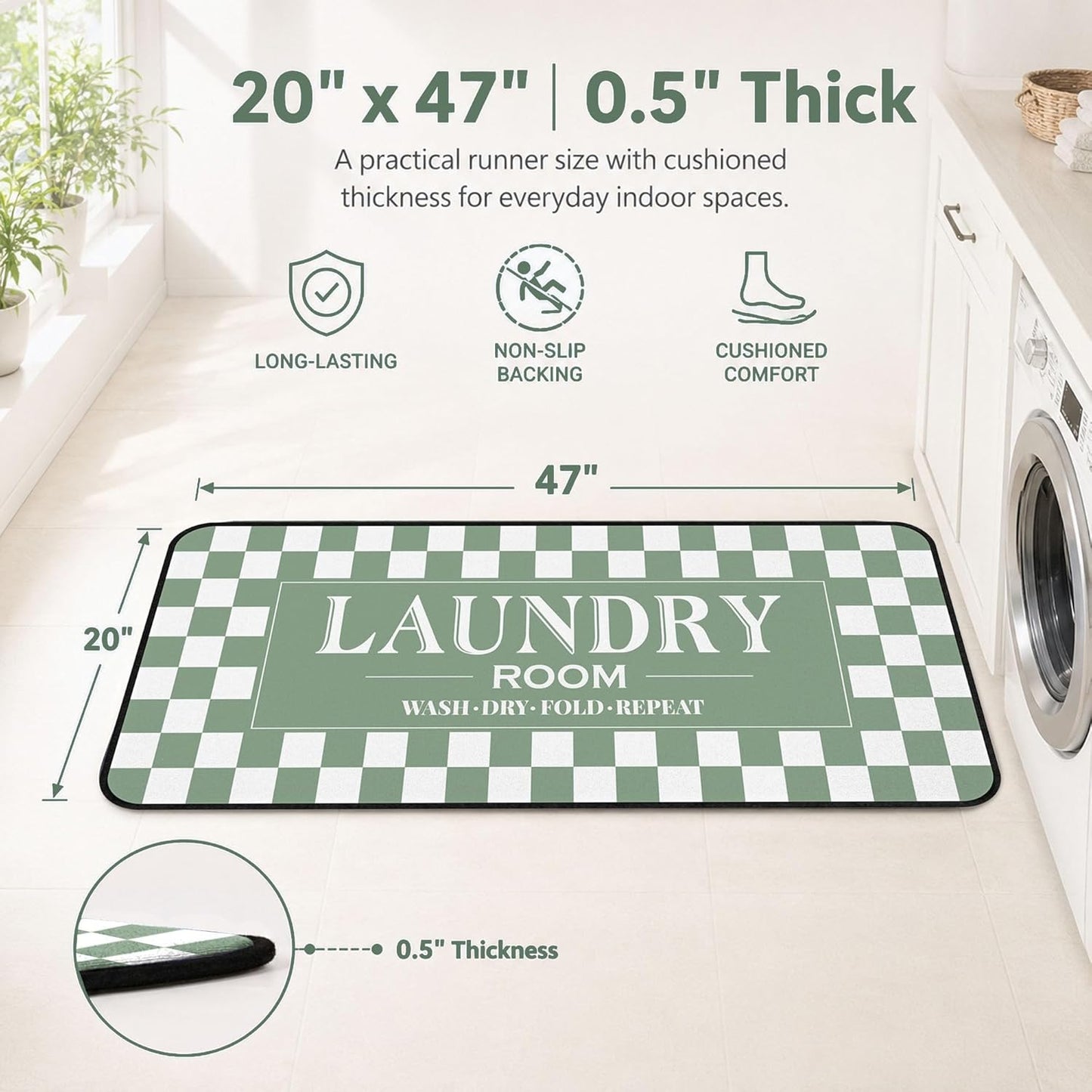 ROMAMIGO Laundry Room Rug Runner Non Slip Laundry Mats Mudroom Laundromat Runner Farmhouse Kitchen Floor Mat Bathroom Laundry Room Decor Accessories(20 X 47 inch, Green Checkerboard)