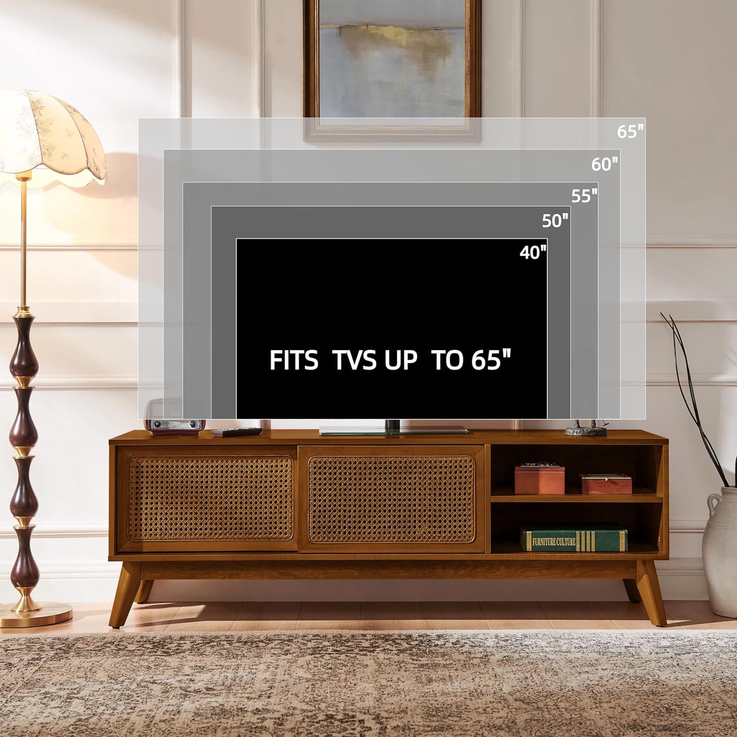 LKTART 59" Mid Century Modern TV Stand,Rattan Media Console for Living Room