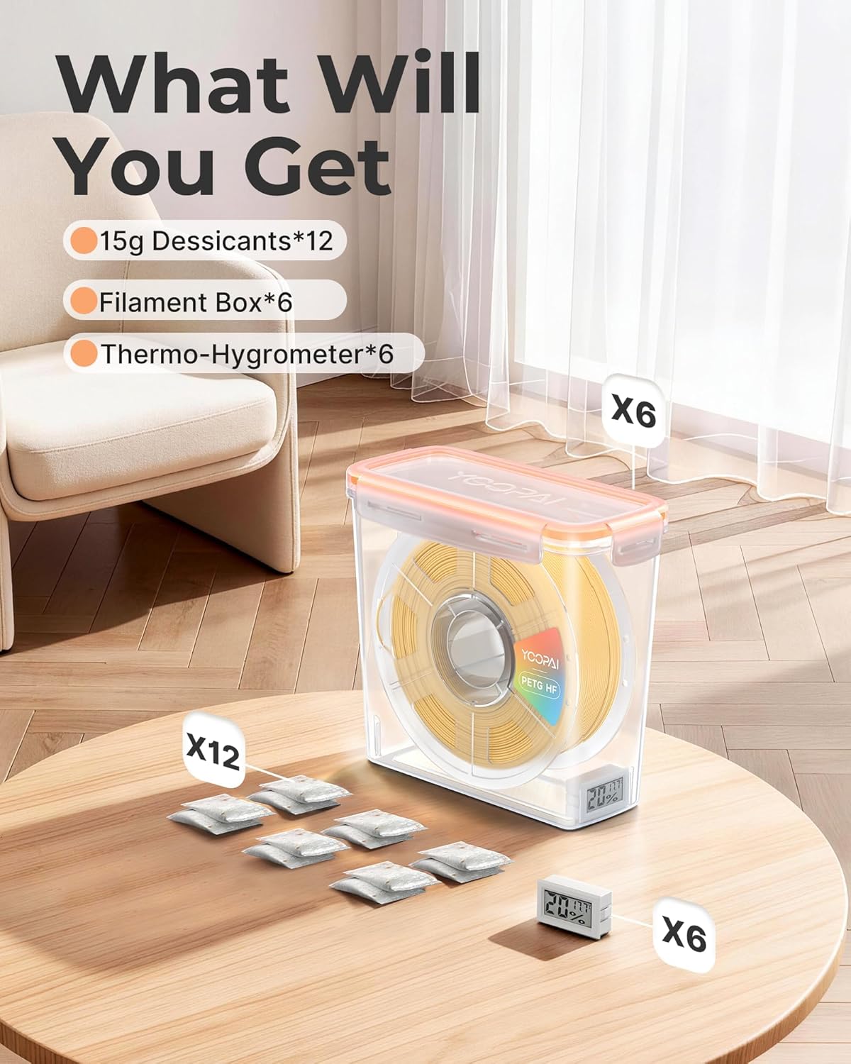 YOOPAI Pro Filament Storage Box with Temperature & Humidity Monitor, Airtight Filament Storage Container with Desiccant for 1KG 1.75mm PLA ABS PETG TPU, Single Spool 3D Printer Filament Storage Box(6)