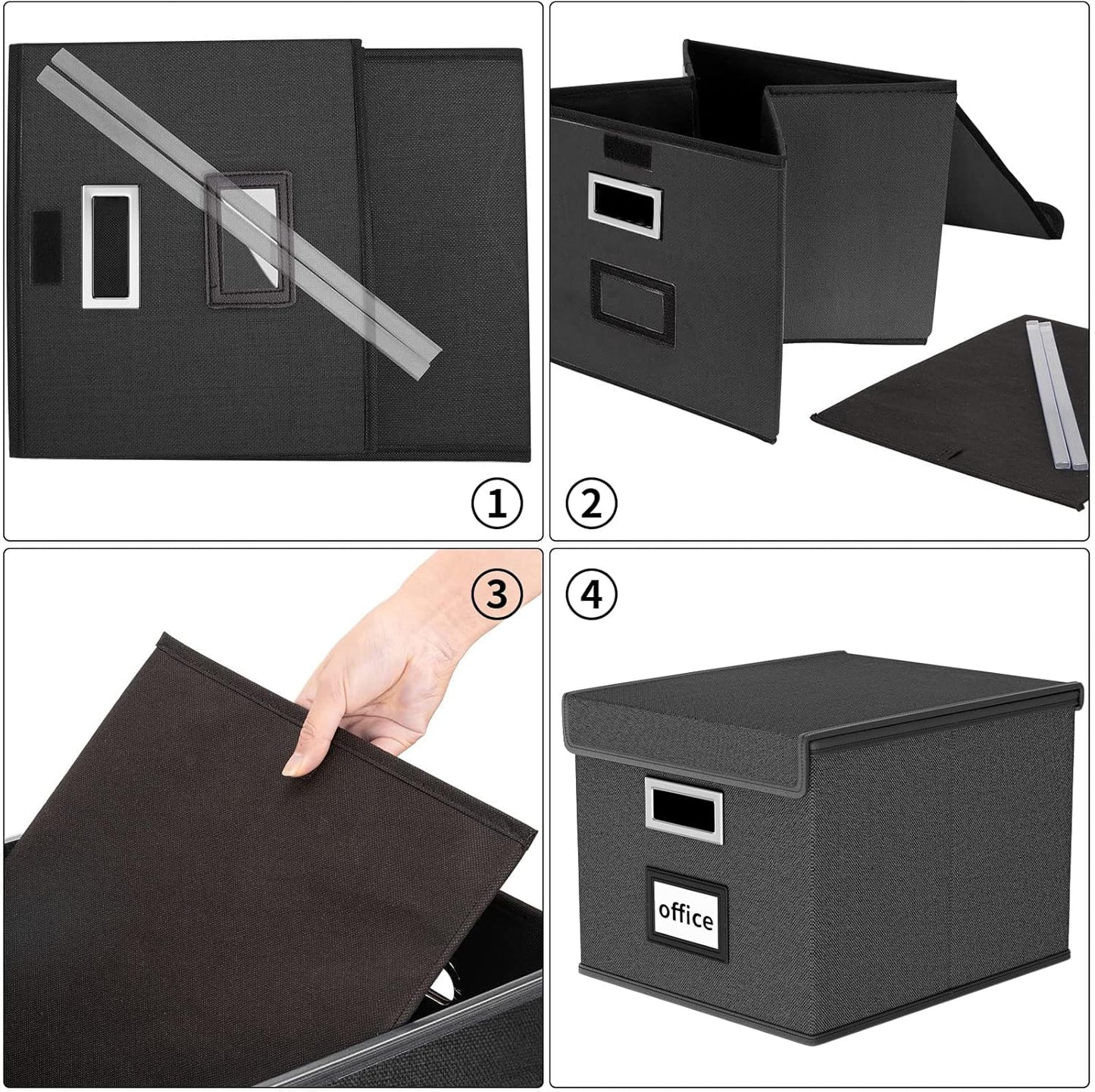 File Organizer Box with Lid, Collapsible File Folder Organizer for Office Document Storage, Filing Box with Plastic Slide for Letter Size Hanging File Folders(1 Pack, Black)