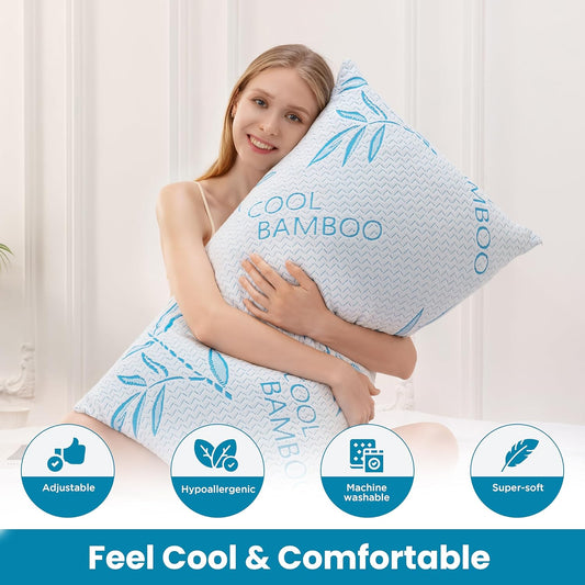 ComfySleep Queen Size 2 Pack Rayon Made from Bamboo Pillows for Sleeping, Cooling Shredded Memory Foam Adjustable Bed Pillow with, Removable/Washable Cover (Queen 2 Pack)